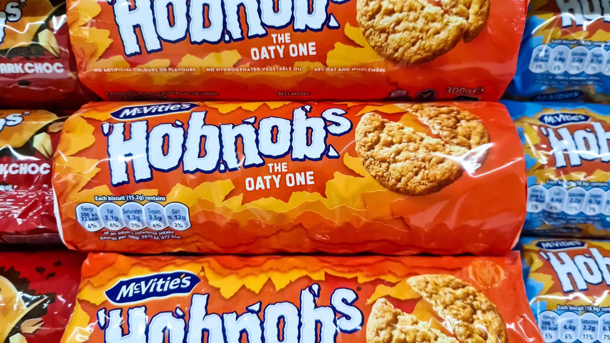 REYKJAVIK, ICELAND - Jun 22, 2022: Multiple packages of a cookie brand Hobnob's in a supermarket