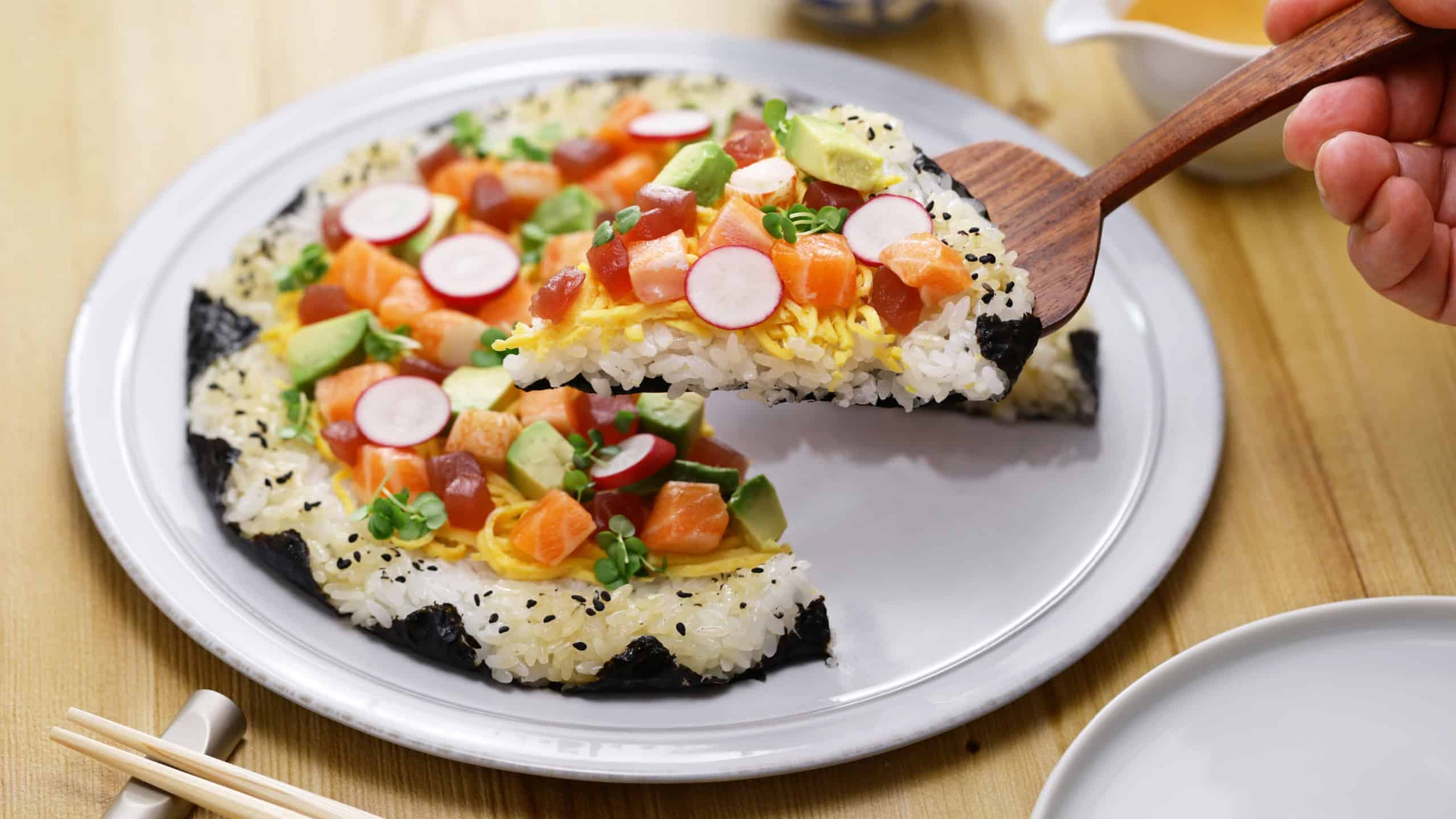 Homemade Sushi pizza, creative sushi originating in Toronto, Canada