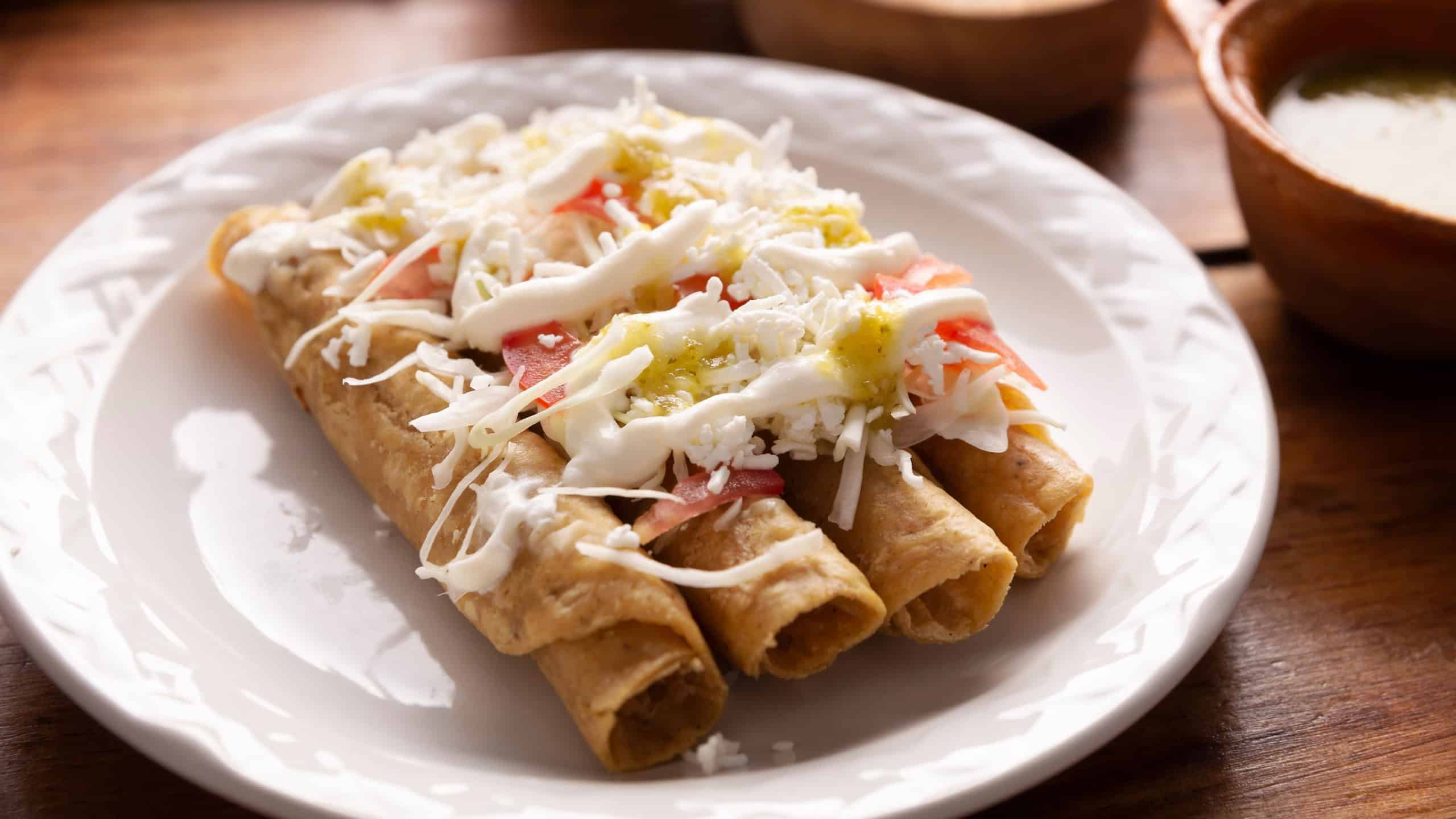 Tacos Dorados. Mexican dish also known as Flautas, consists of a rolled corn tortilla with some filling, commonly chicken or beef or vegetarian options such as potatoes.