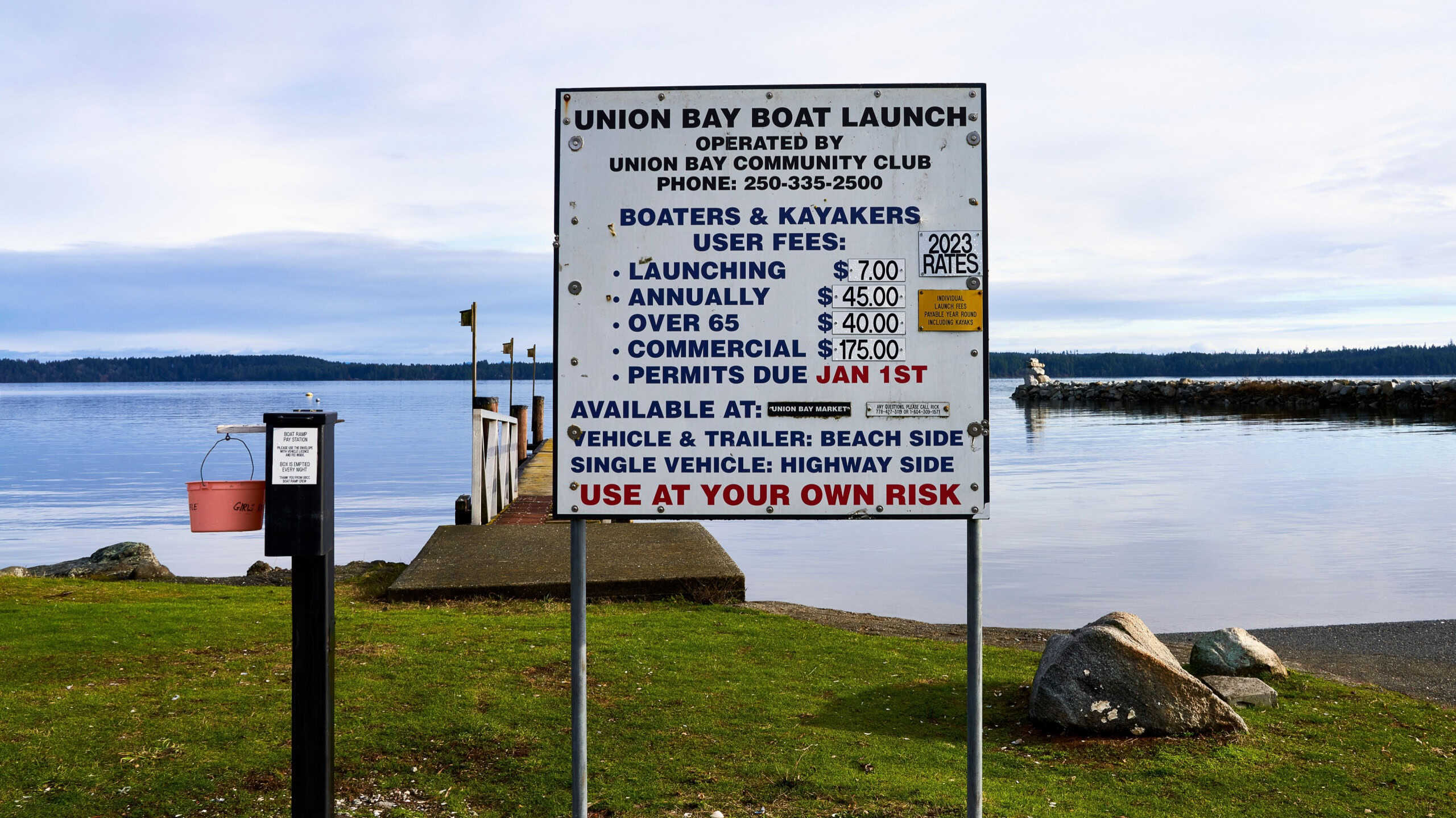 UNION BAY, CA - Dec 31, 2022: Boat launch sign providing information on cost for boaters and kayakers and parking directions