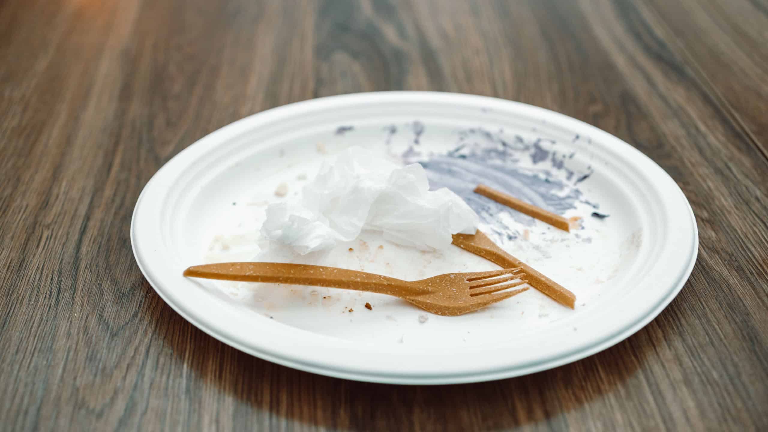 Empty dirty plastic plate and plastic fork in cafe.
