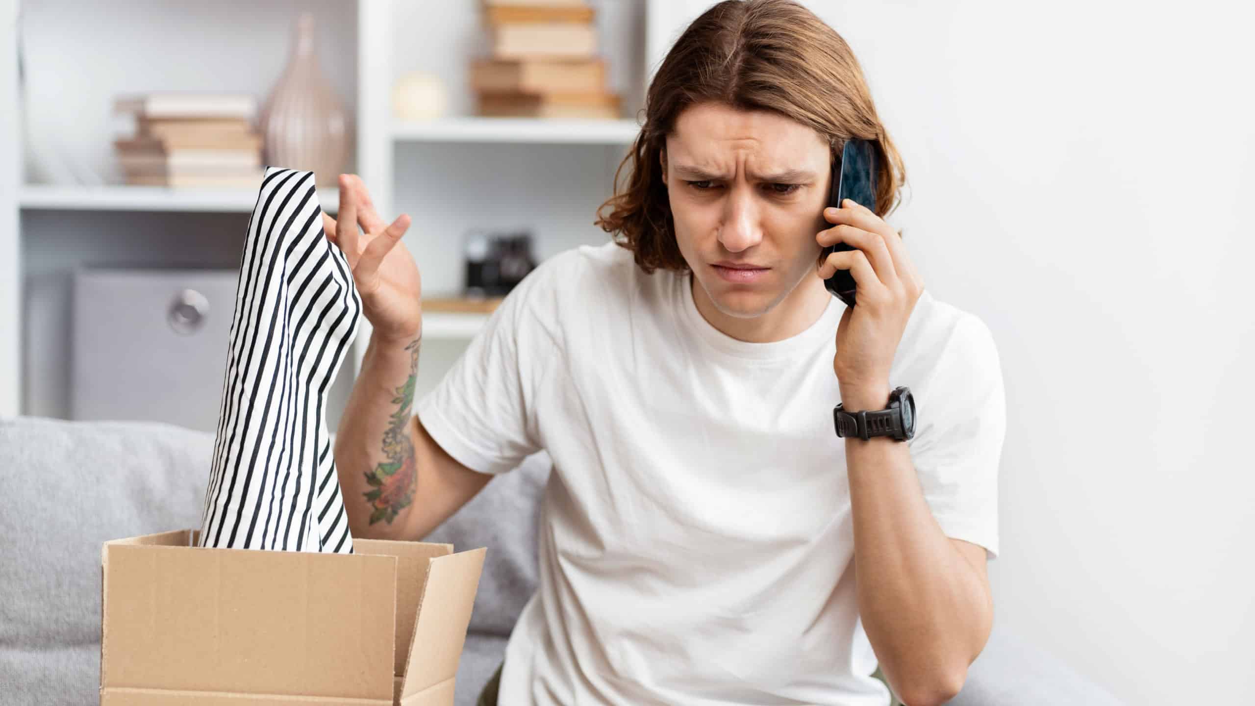 Young Man Unpacking Online Shopping Item, Looks Confused While Talking On Phone, Problem With Order, Suburban Home Background. Indoor, Daylight, Customer Service Issue, Consumer Rights.