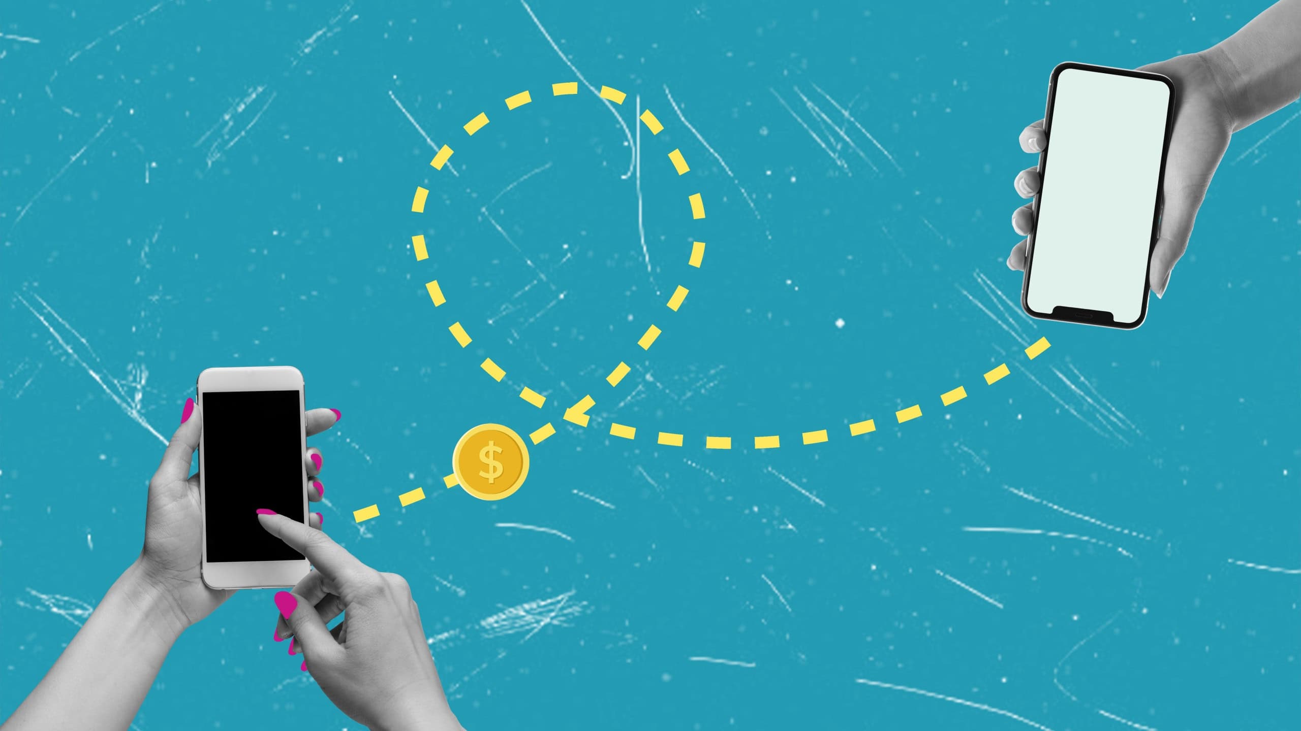 Two hands holding cell phones transferring money between accounts on blue background. Transferring money using an electronic wallet. Modern art. Modern design