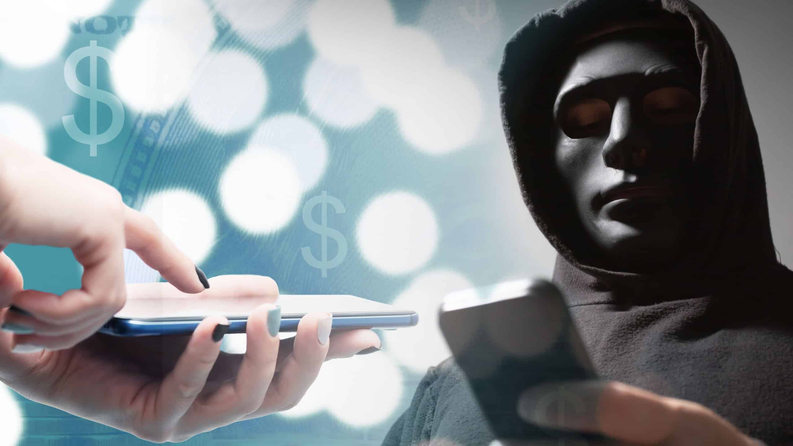 Phone Scam, scammer steals money from bank account by smartphone, cyber crime, hacker attacks, personal information theft.