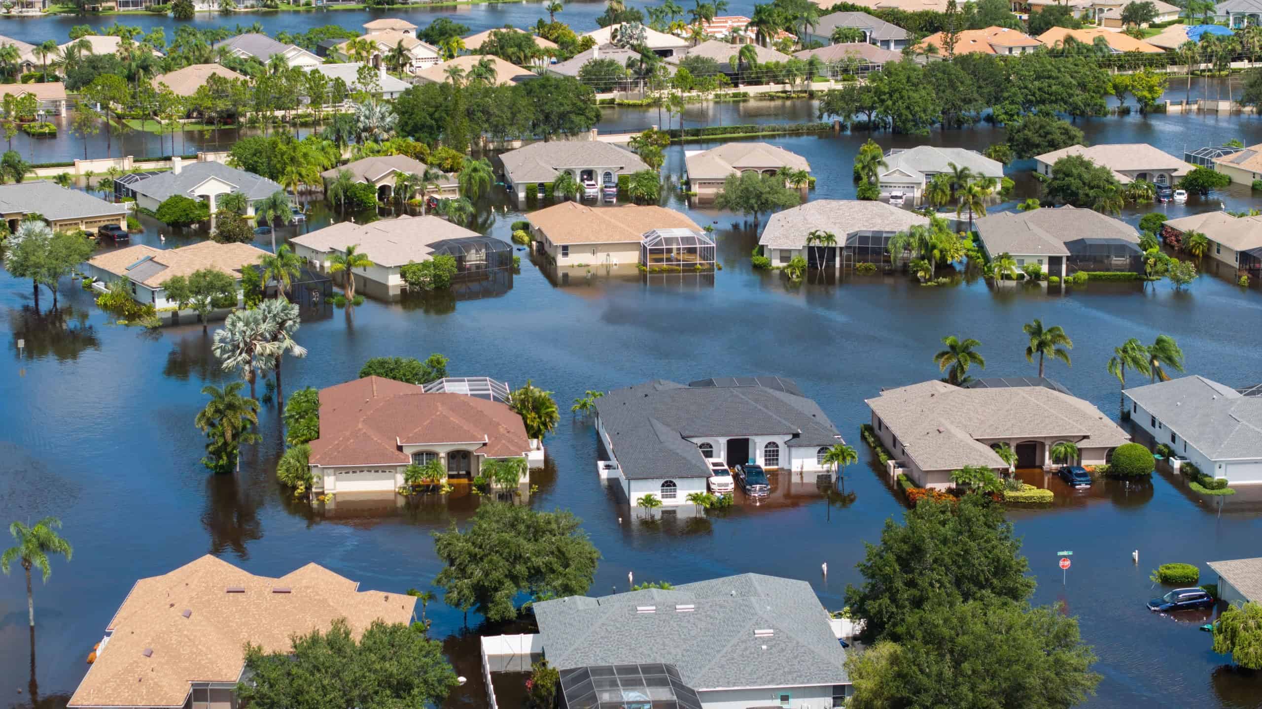 Flooded houses from hurricane Debby rainfall water in Laurel Meadows community in Sarasota, Florida. Aftermath of natural disaster in USA south