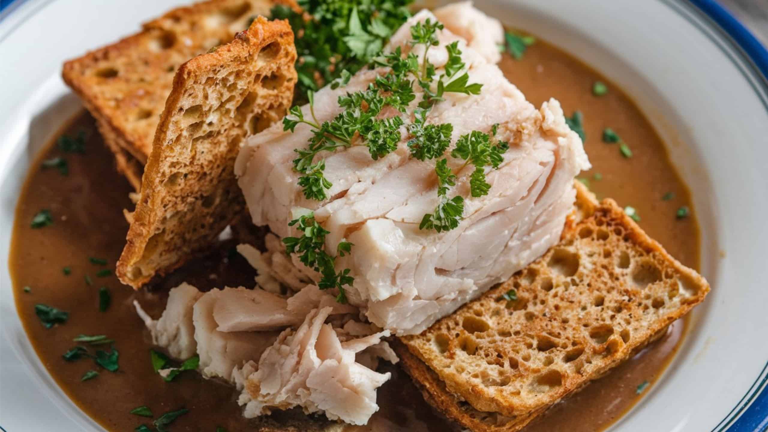 Fish and Brewis: Newfoundland staple: salted cod and hardtack soaked overnight, fried with pork scrunchions. Savory, salty, and textured—a historic comfort food.