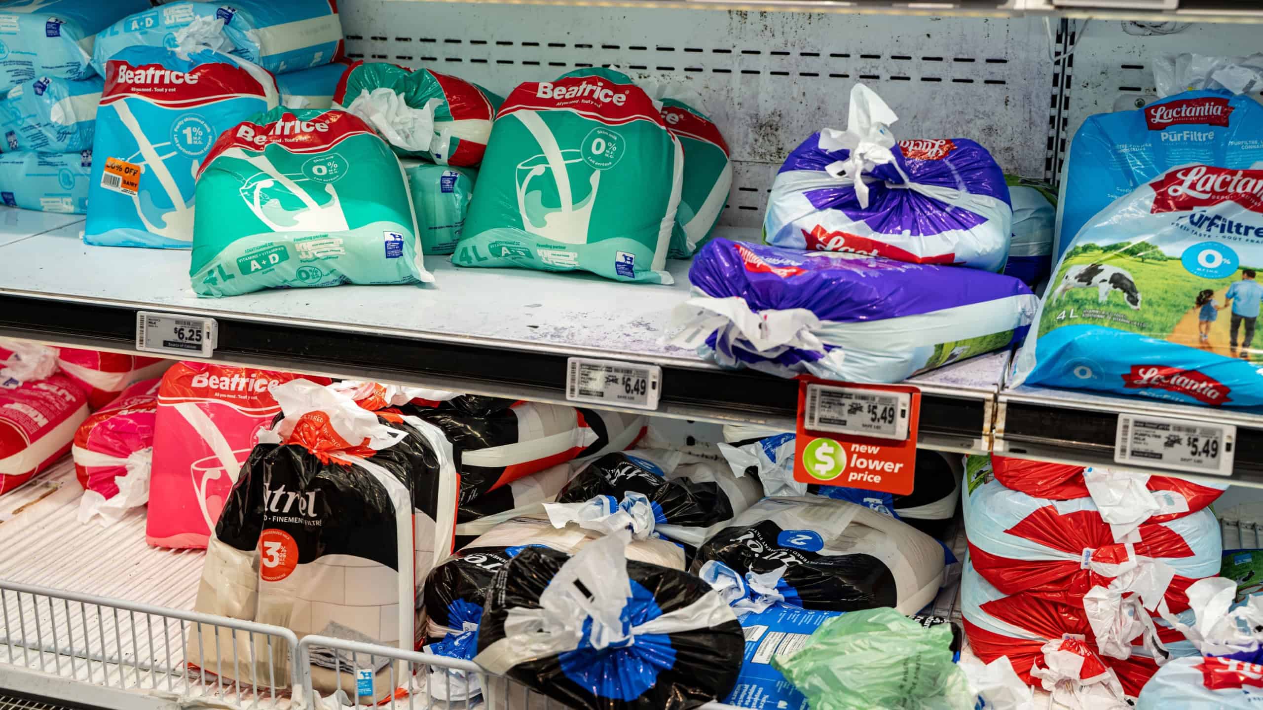 View of milk bags in supermarket refrigerated section with price labels. Toronto, Canada - September 20, 2025.