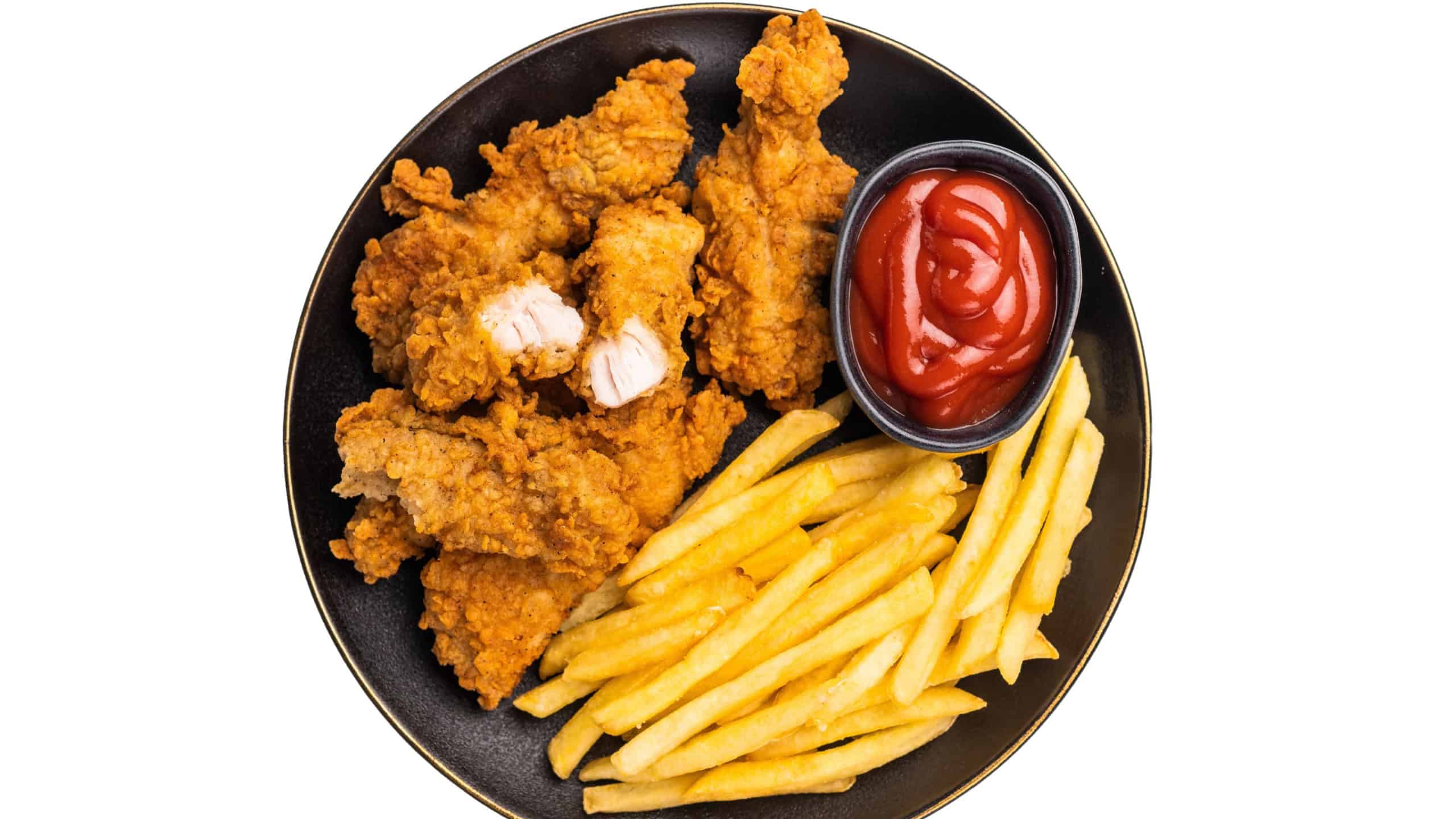 Deep fried chicken strips, sticks with french fry and sauce isolated on white background.