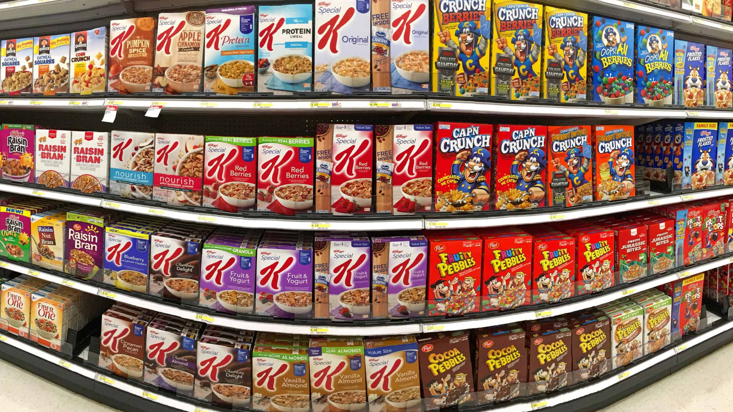 Alameda, CA - October 10, 2017: Grocery store aisle with boxes of various brands of breakfast cereal.