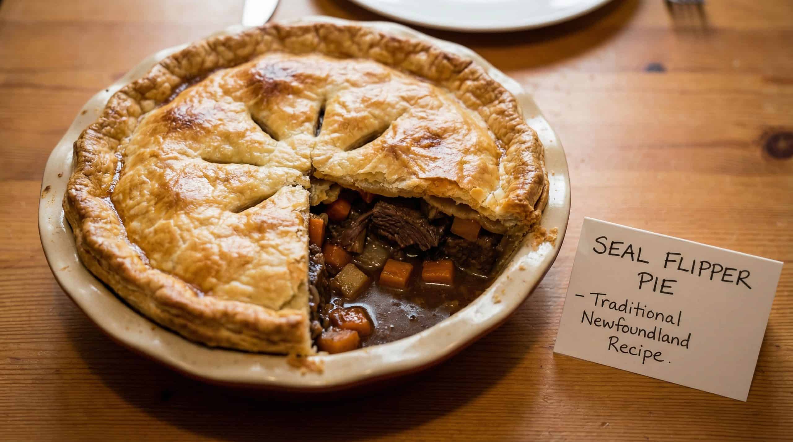Image of seal flipper pie that's a dish that uses harp seal flippers, baked under pastry with vegetables & gravy