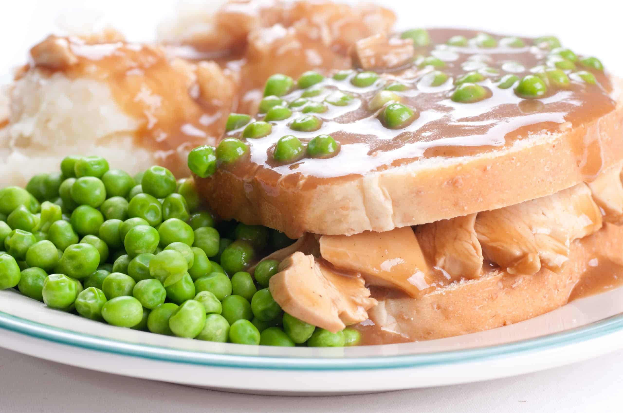 diner style open faced hot chicken sandwich with mashed potatoes