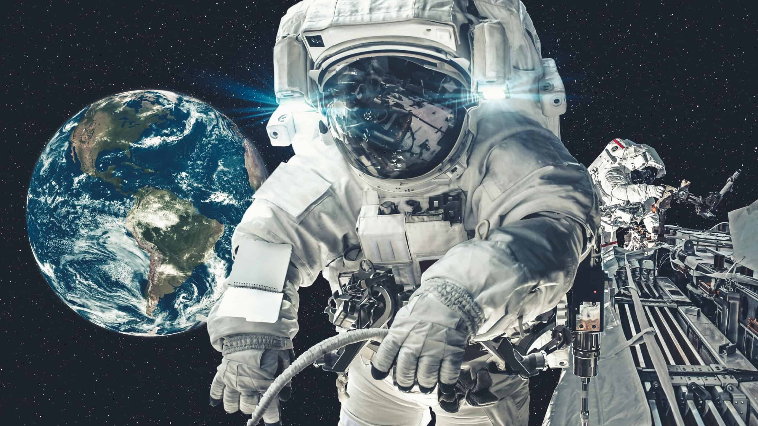 Astronaut spaceman do spacewalk while working for spaceflight mission at space station . Astronaut wear full spacesuit for operation . Elements of this image furnished by NASA space astronaut photos .