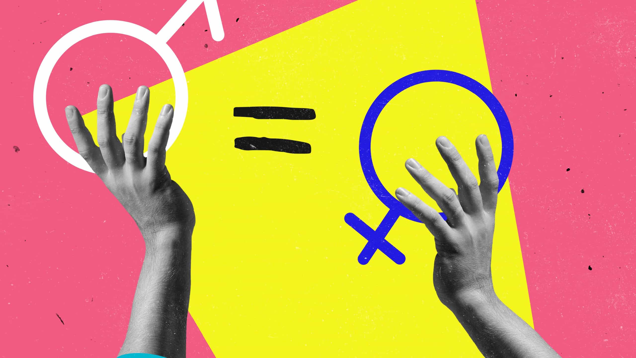 Contemporary art collage. Hands holding male and female gender sign symbolizing equality isolated over pink and yellow background. Sexual education. Concept of love, freedom, awareness