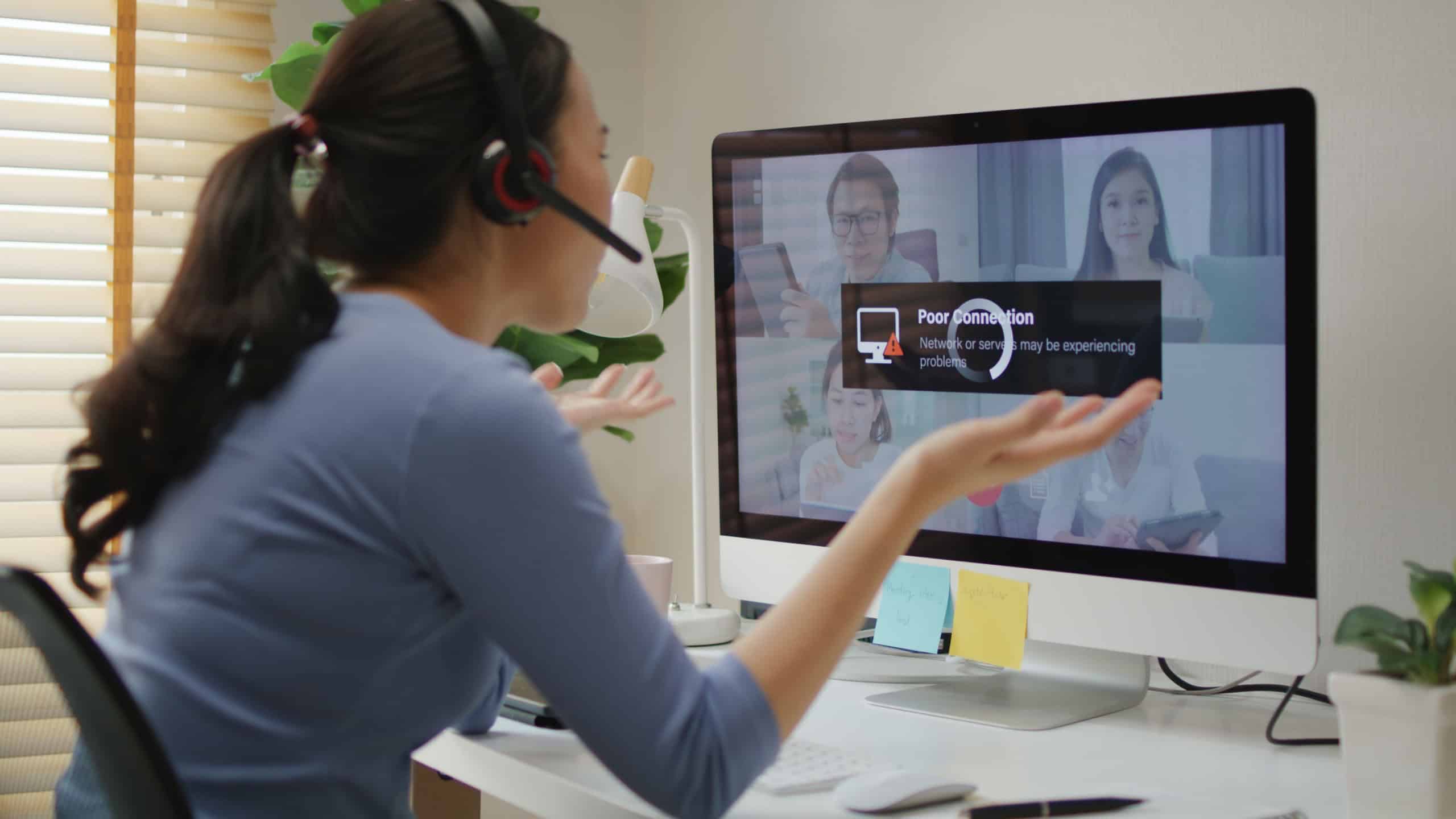 Asia people young woman stress angry bored sad in wifi cut out worry work at home issue video call talk with unreliable low poor loss signal speed or error fail load buffer bad slow internet outage.