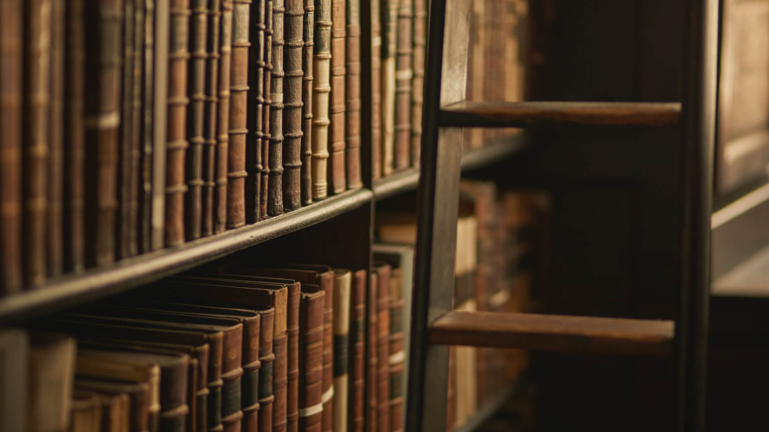 Books, library and row of literature on shelf, vintage aesthetic and textbooks for education. Bookcase, university study and spine of classical fiction collection, philosophy volume and information