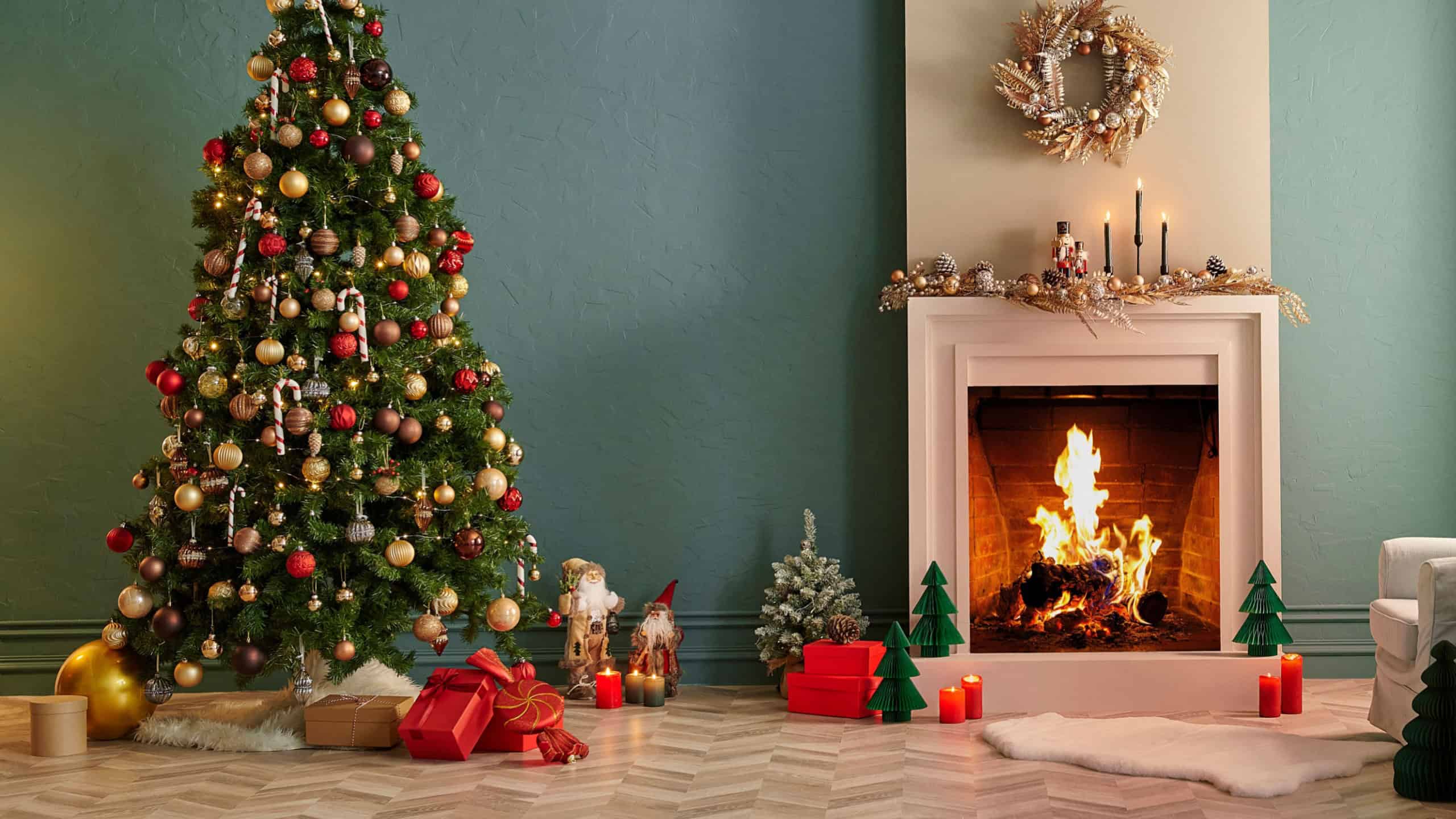 Christmas tree and fireplace with new year concept, parquet, furniture in the green wall background.