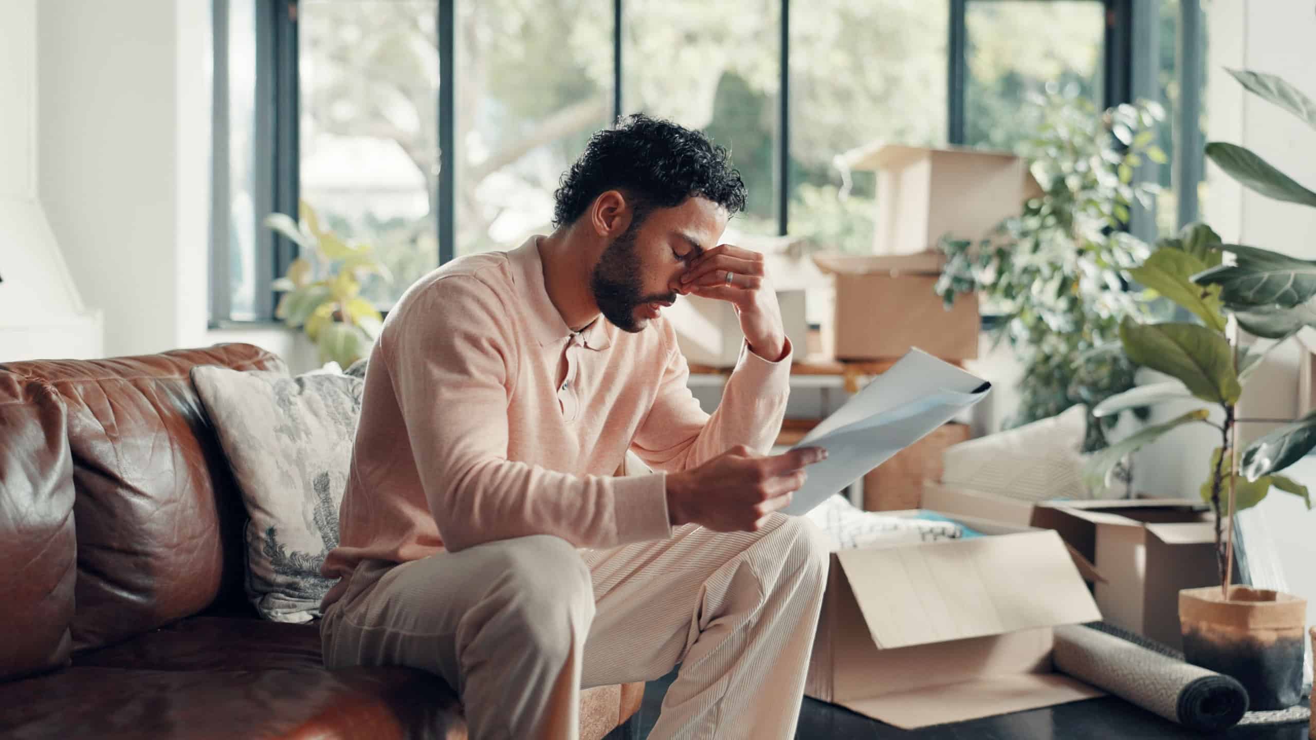 Moving in, man and stress with documents in new home for title deed error, compliance issue or worry. Homeowner, person or headache with paperwork for hidden insurance clause, mortgage debt or crisis