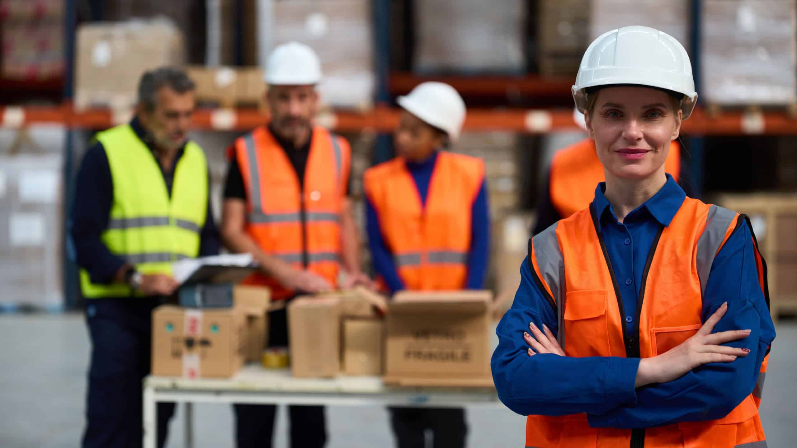 Female warehouse worker smiling, posing with arms crossed while leading a team of colleagues managing inventory and shipping in a storage facility