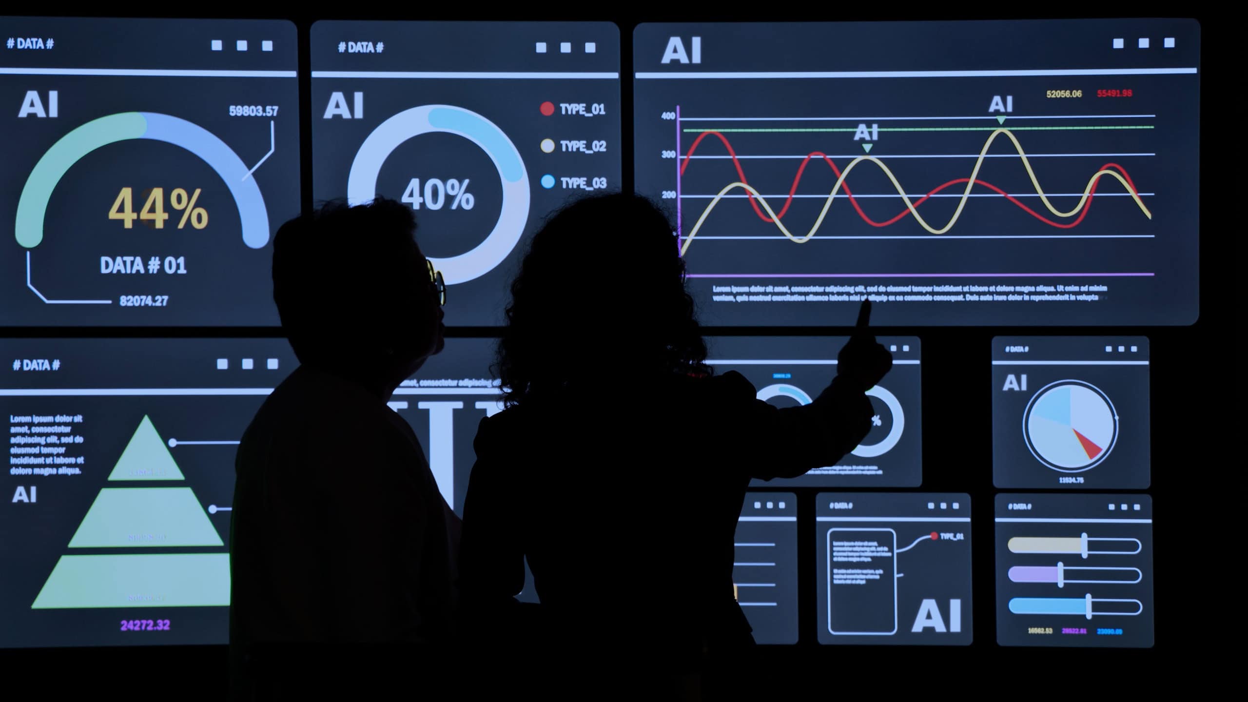 AI Using. Silhouetted analysts interact with a large AI data. AI Display charts graphs and analytics. Business team using futuristic AI interface visuals data. Technology with biz insight and big data