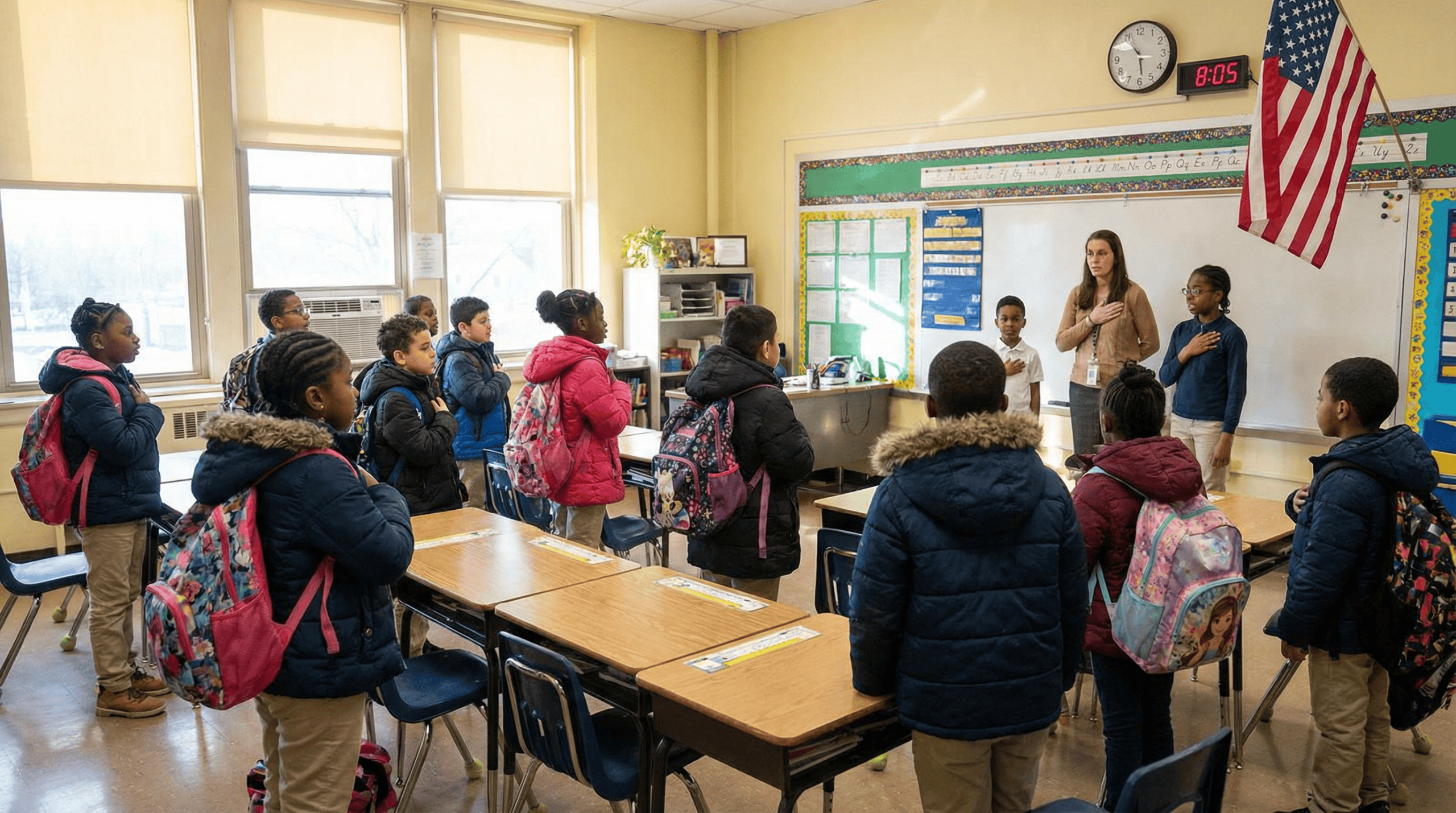 School students doing the Pledge of Allegiance in the morning