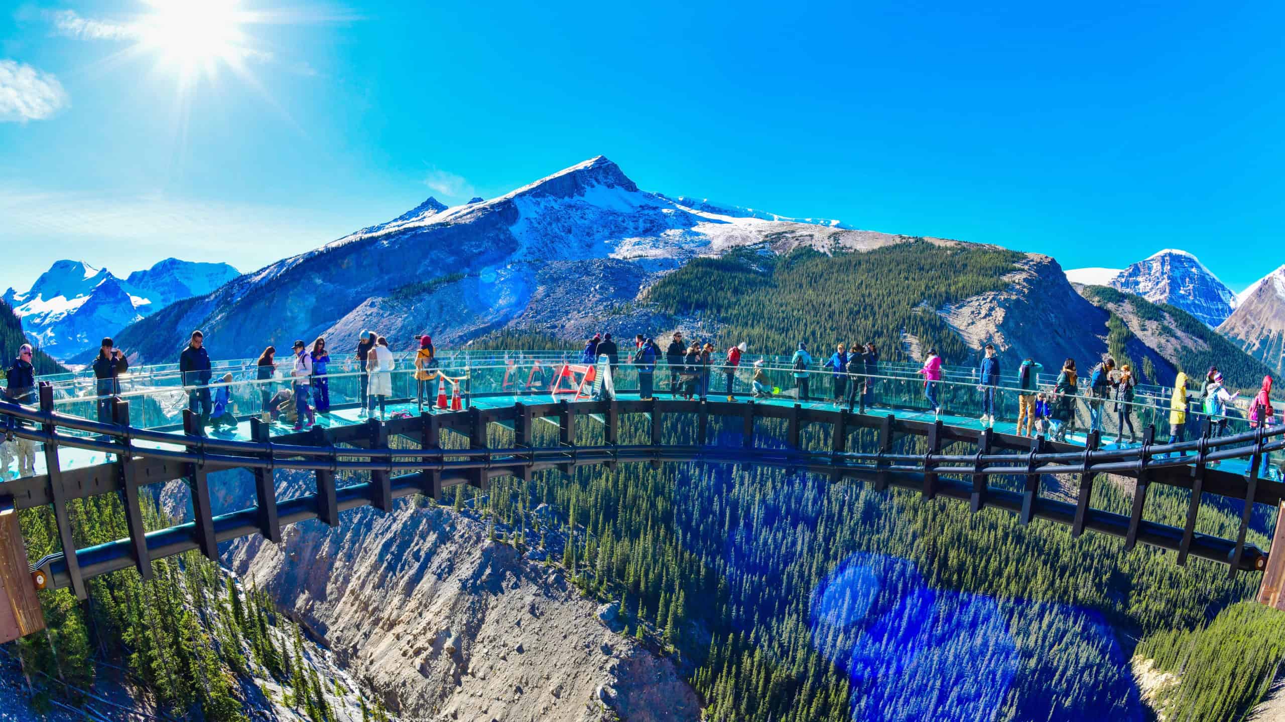 JASPER, ALBERTA, CANADA - OCTOBER 3,2017: Tourists at Glacier Skywalk, Columbia Icefield Rocky Mountains, Jasper National Park,Alberta, Canada