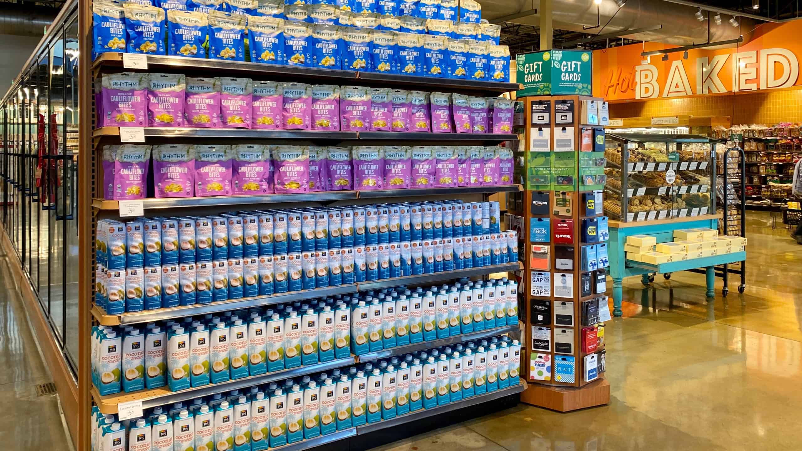 San Jose, CA - February 26, 2020: Healthy snacks and drinks on isle end inside Whole Foods Market. 