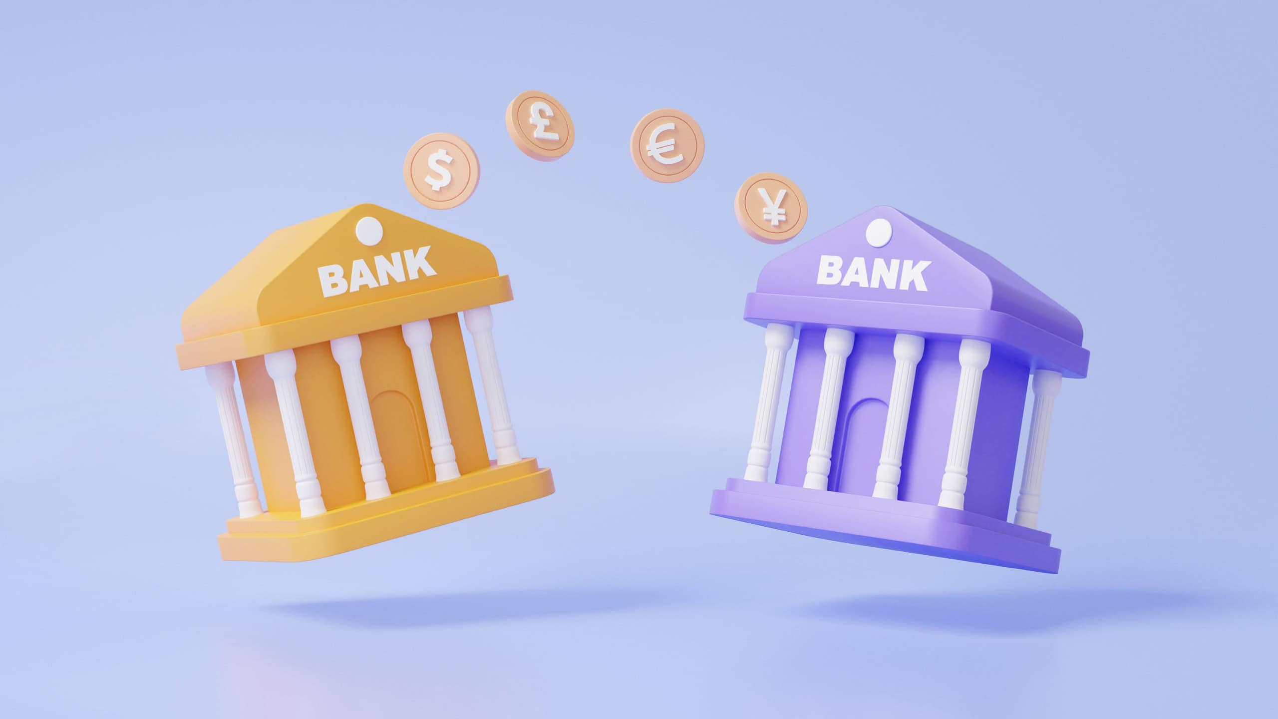 Two bank payment currency transfer money system transaction online concept. into Internet banking, dollar pound euro yen illustration cartoon minimal, copy space, 3d rendering