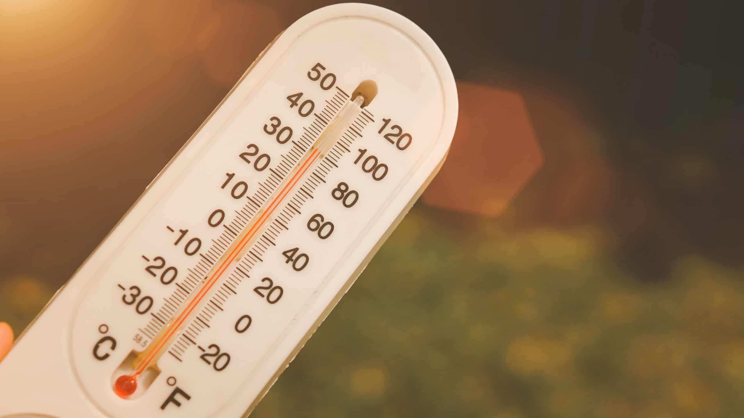 Heat, thermometer shows the temperature is hot in the sky, Summer