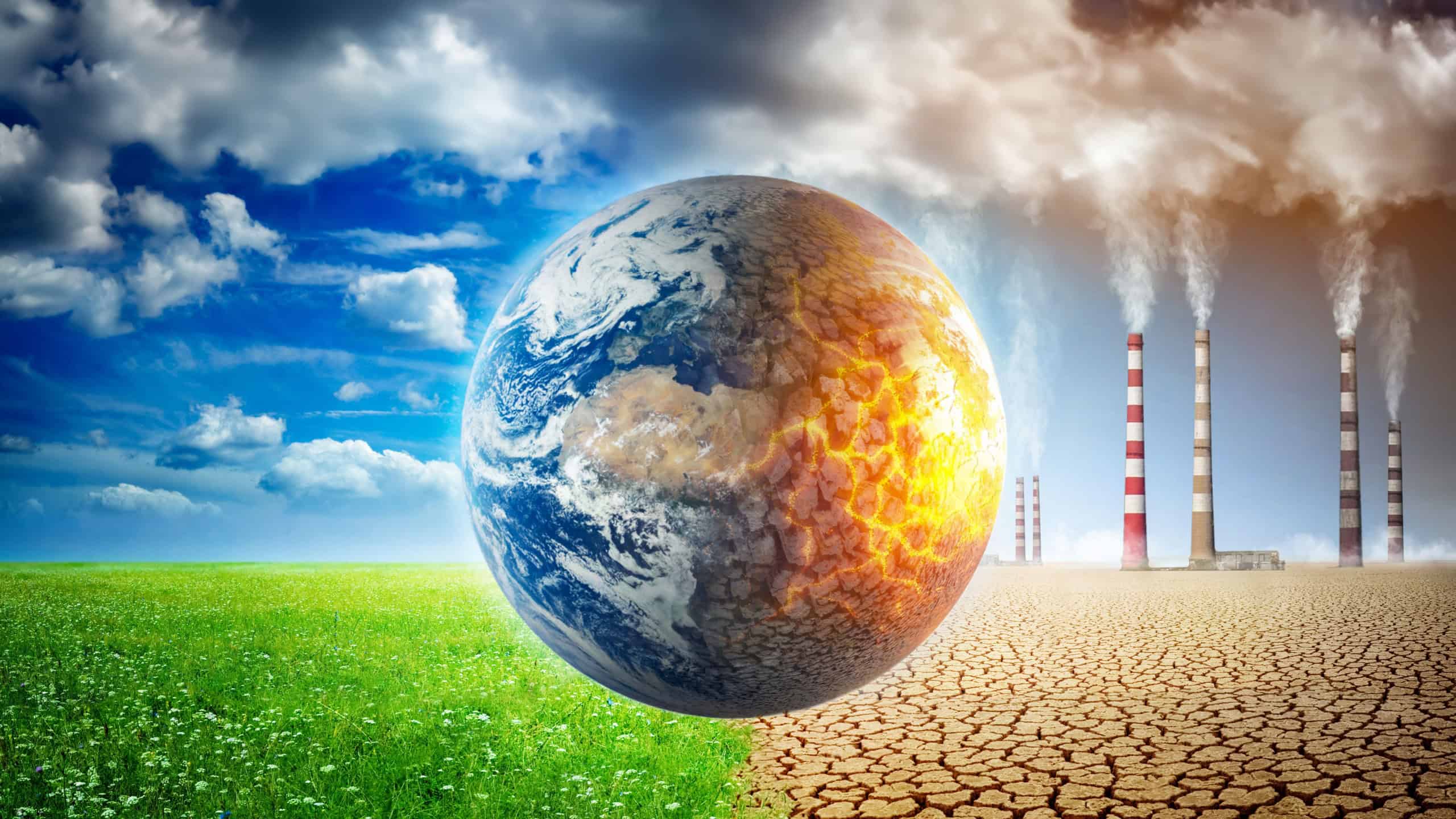 Earth on a background of grass and clouds versus a ruined Earth on a background of a dead desert with Smoking chimneys of industrial enterprises. Concept on ecology, global warming, science etc.