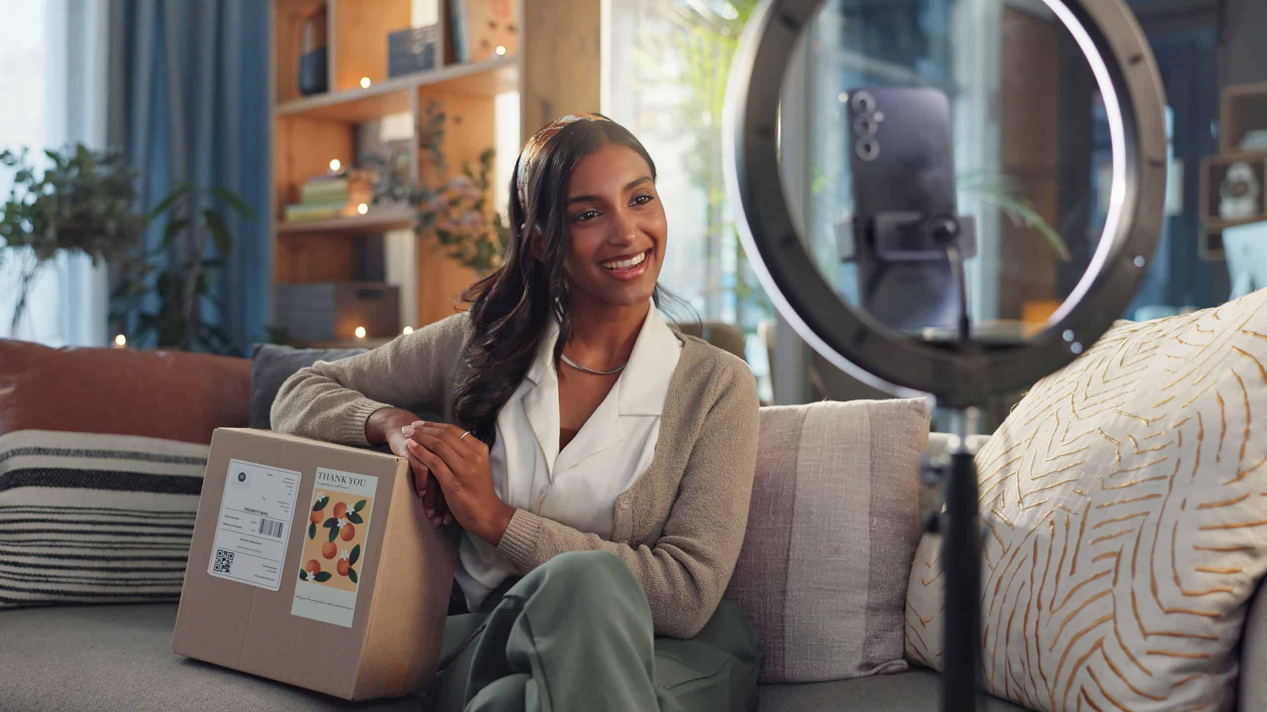 Indian woman, influencer and home on smartphone with box as gift for social media and live streaming. Content creator, vlogger and happy with brand promotion or review with recording for campaign