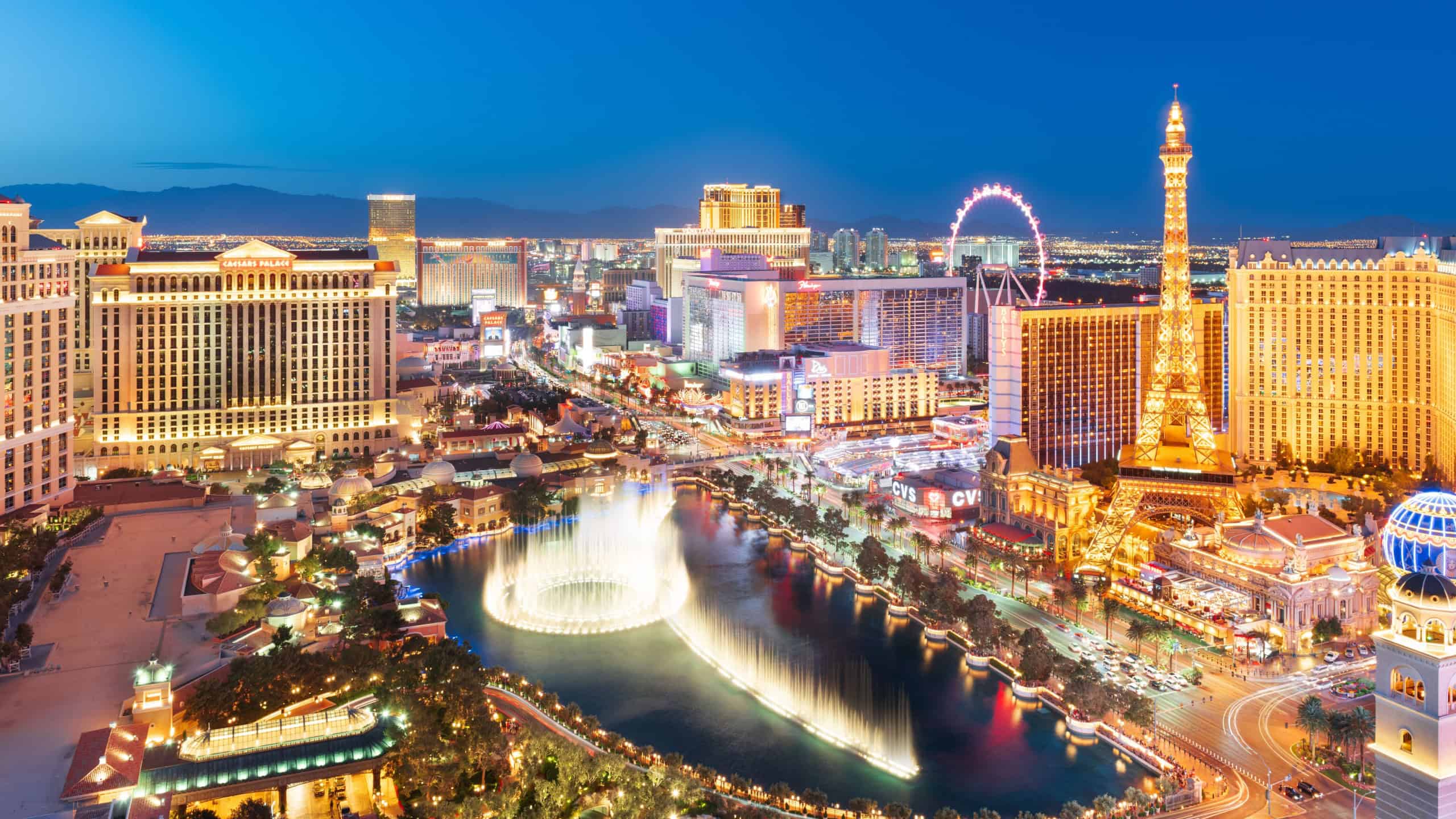 LAS VEGAS, NEVADA, USA - APRIL 4, 2018: Las Vegas downtown skyline with casinos at twilight.