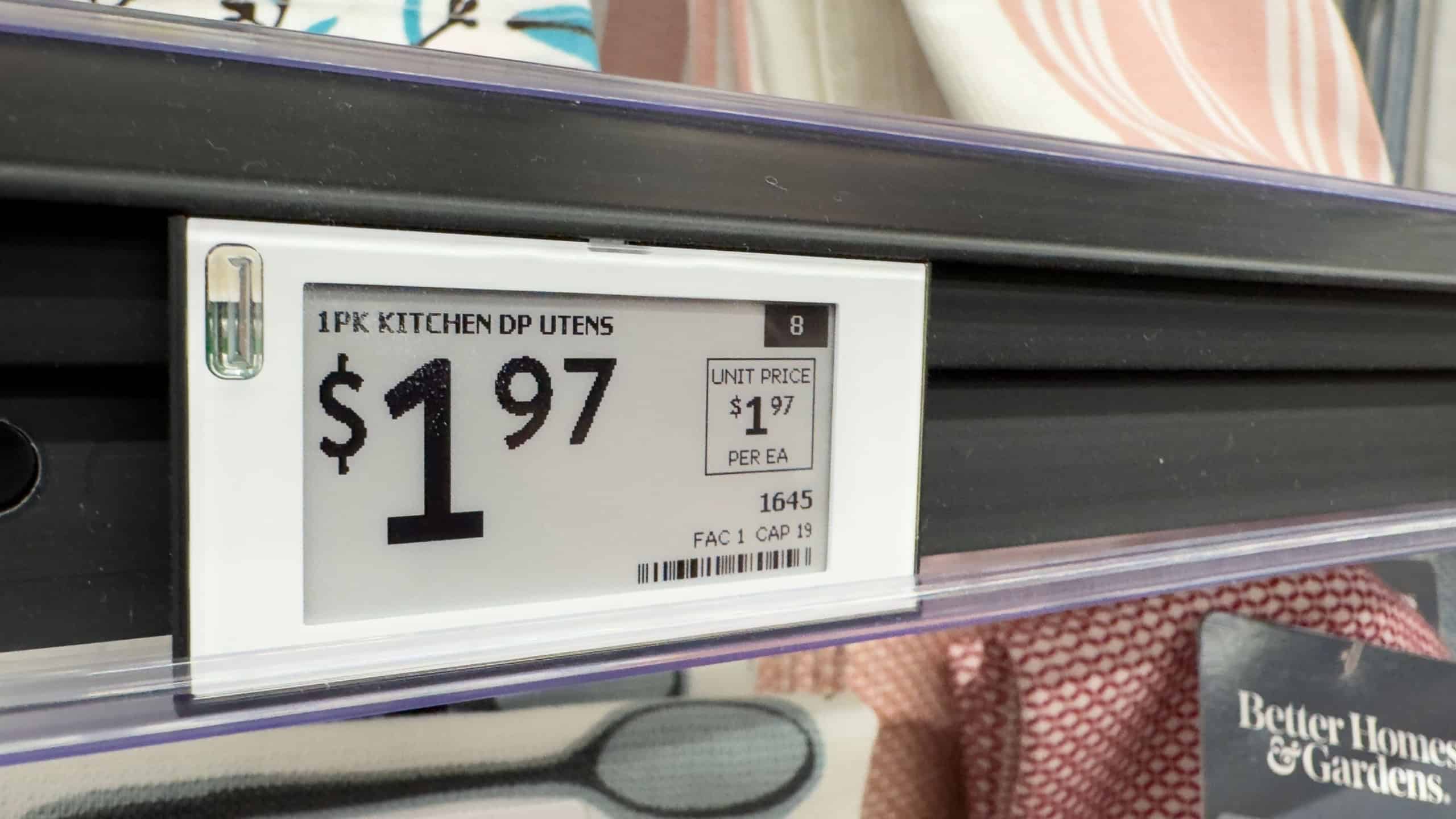Los Angeles, CA - February 12, 2025: Digital price tag on shelf of department store.