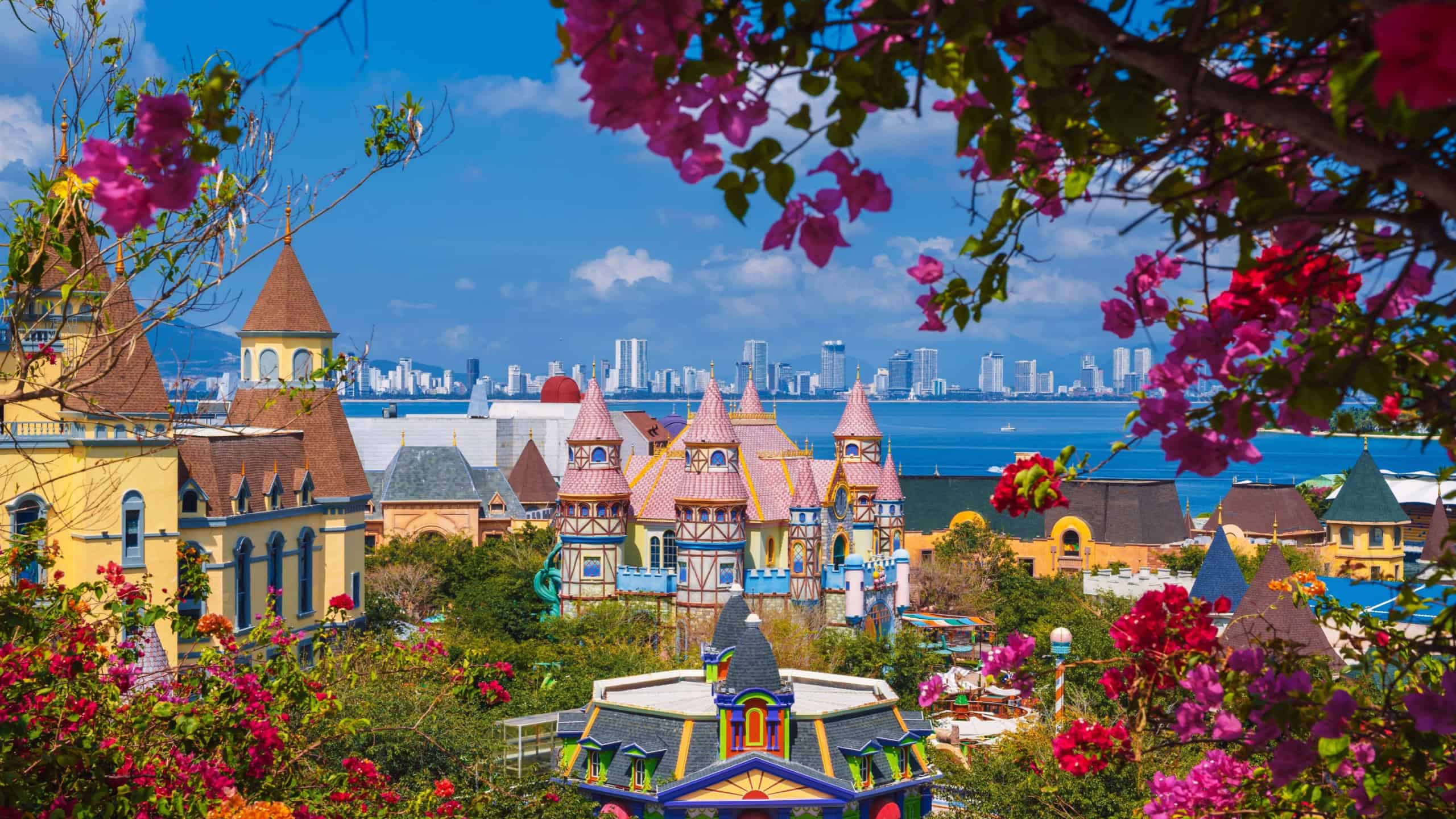 Beautiful panoramic landscape of Vinpearl Island with VinWonders Amusement Park with fantastic castles in Nha Trang in Vietnam