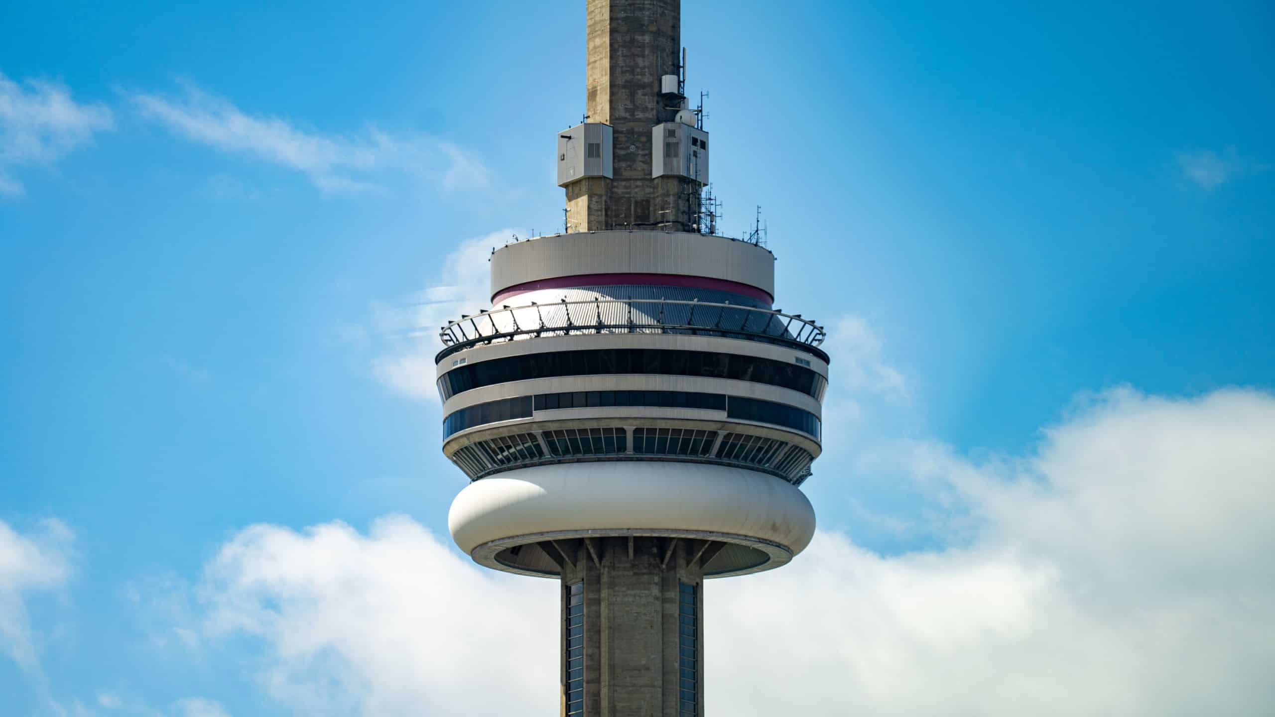 View of CN Tower, iconic landmark of Toronto. Toronto, Canada - April 8, 2025.
