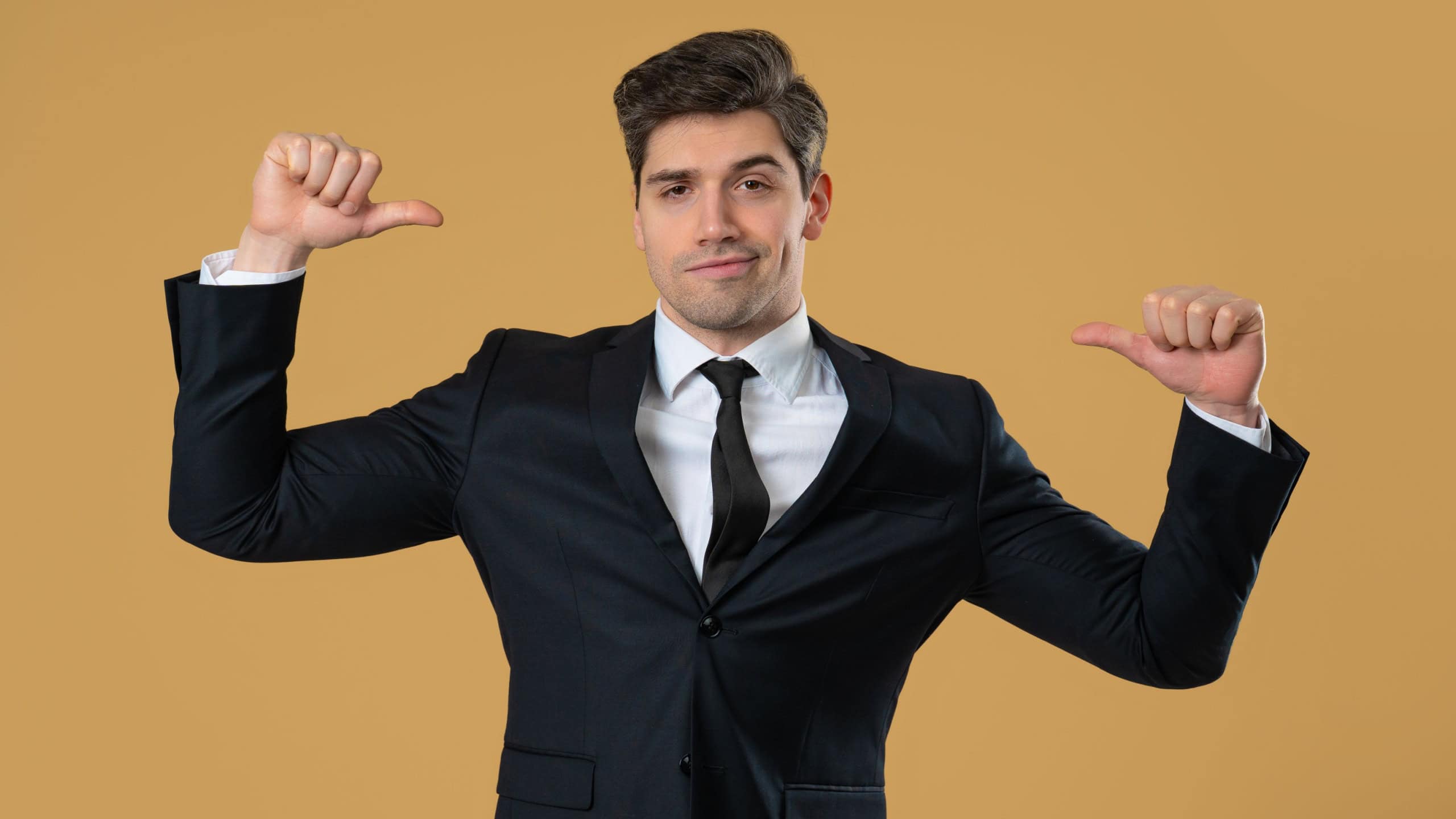 Male corporate figure gestures toward his chest with cocky smile, radiating self-importance and dominance. Great for business attitude themes, self-promotion, satire or branding