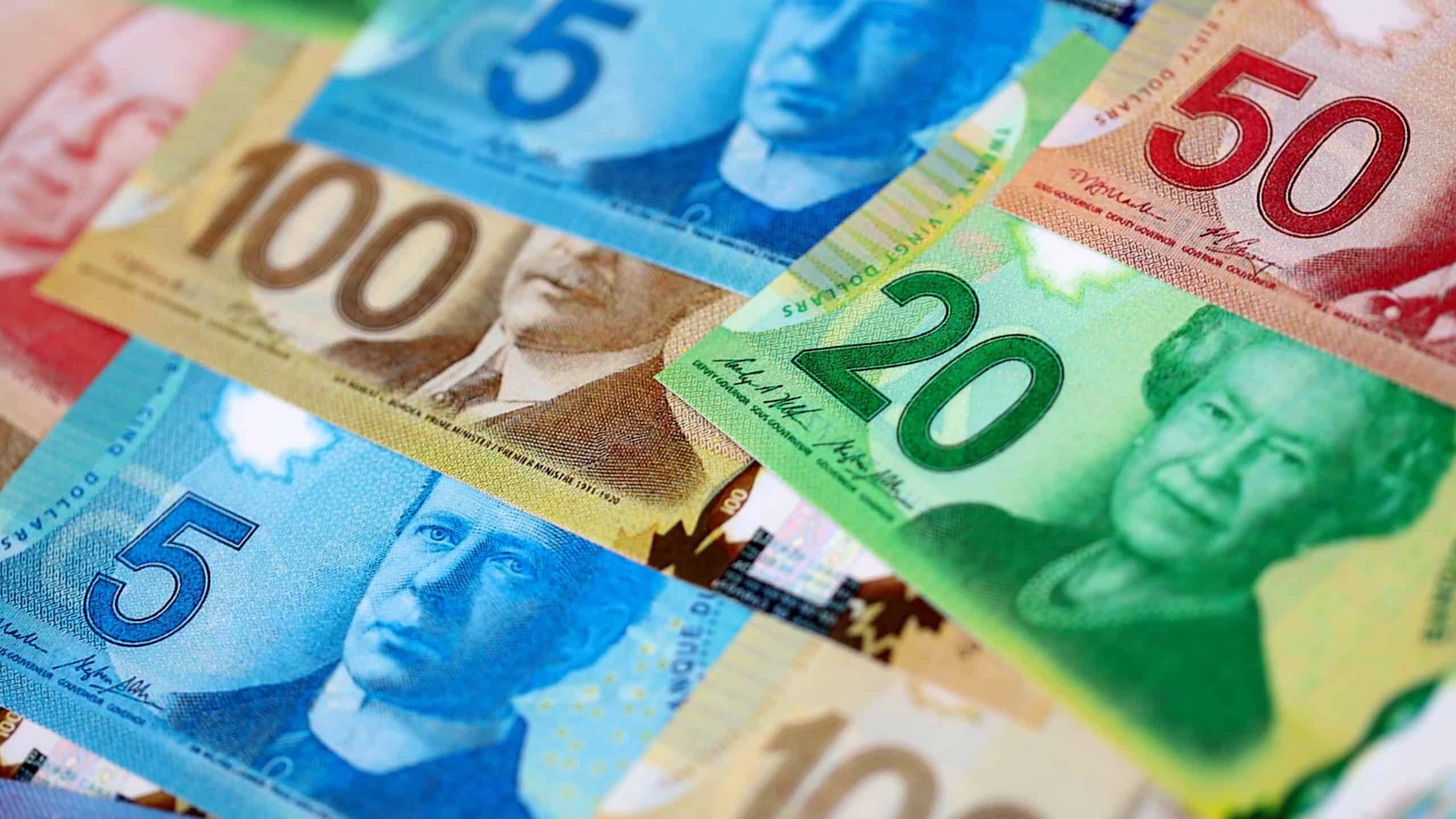 Canadian Dollar currency money bills. CAD currency banknotes in big stack with different denomination close up