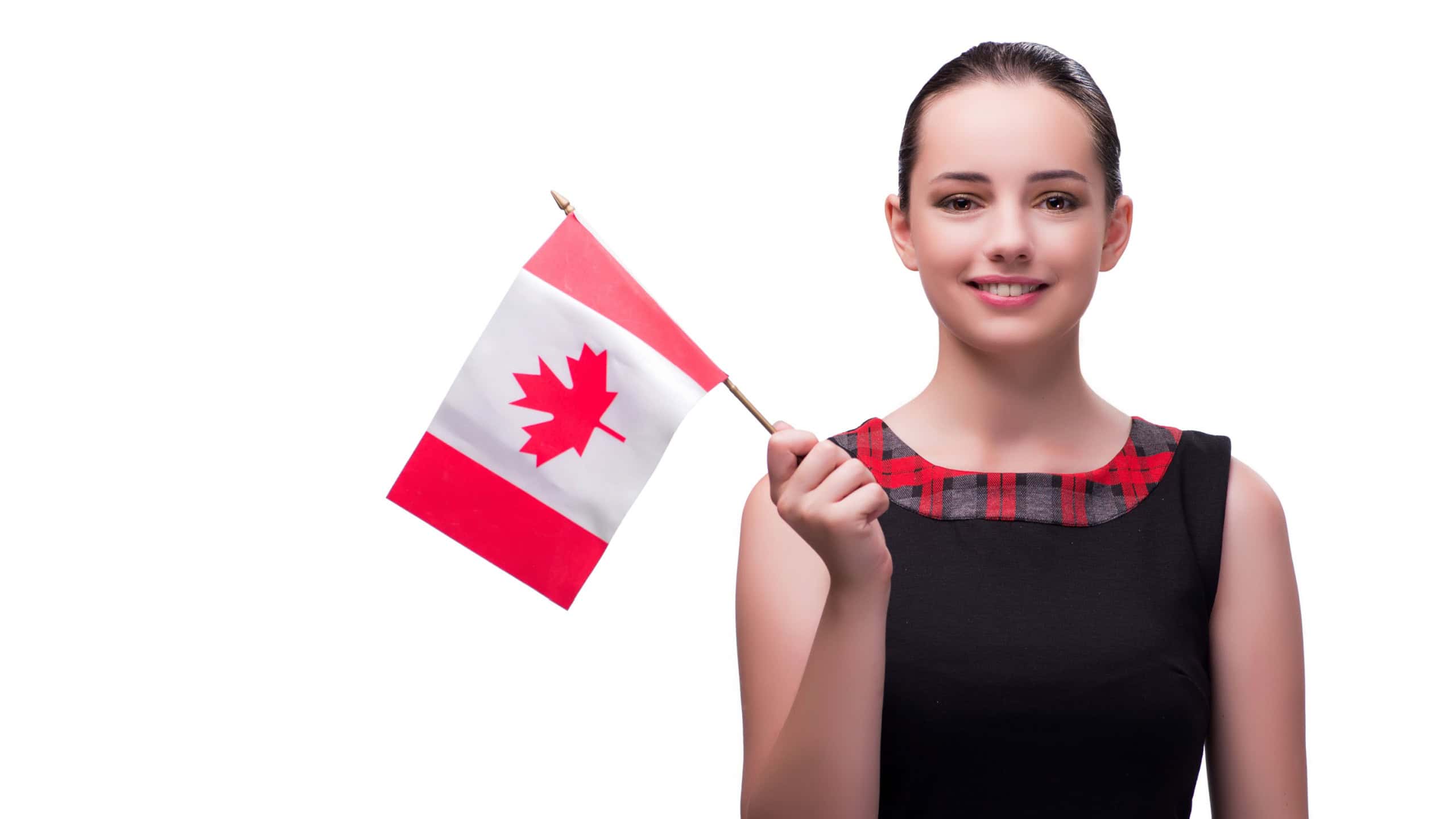 Woman holding canadian flag isolated on white