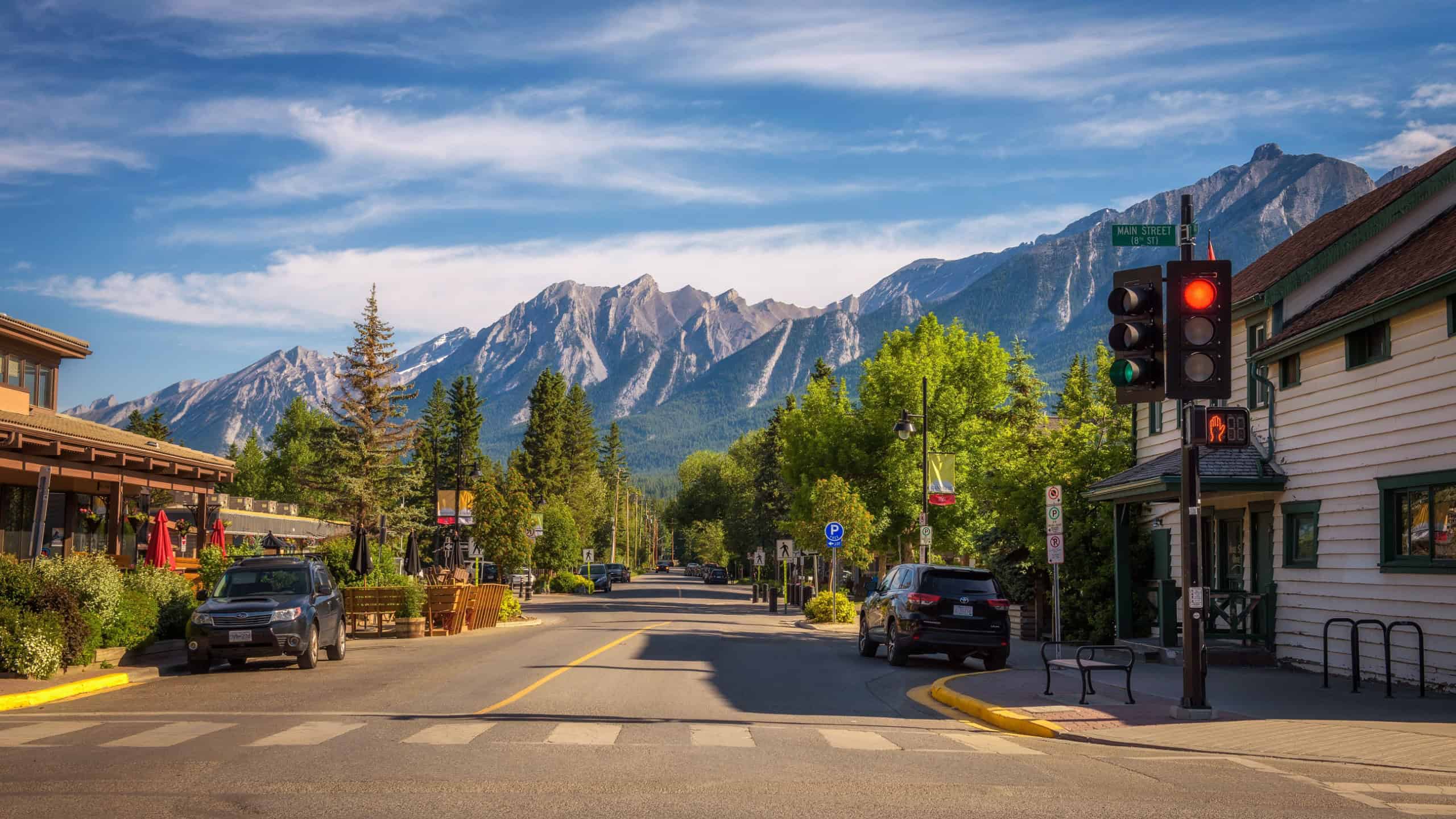 CANMORE, ALBERTA, CANADA - JUNE 26, 2017 : On the streets of Canmore in canadian Rocky Mountains. Canmore is located in the Bow Valley near Banff National Park and is a popular tourist destination.