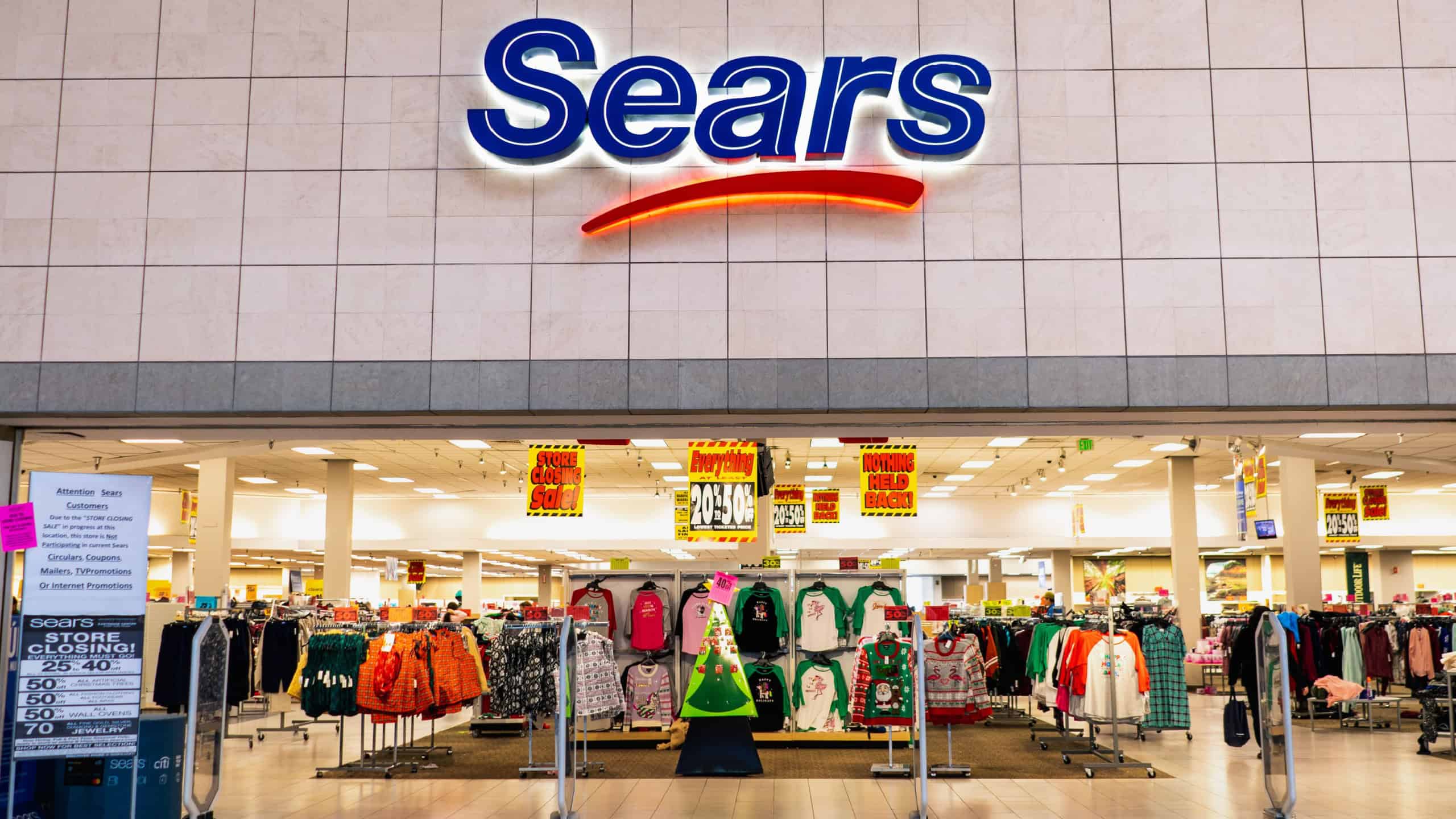 Dec 6, 2019 San Jose / CA / USA - Sears store having its store closing sale; several Sears stores are scheduled to close in the next months as result of the company's reorganization efforts
