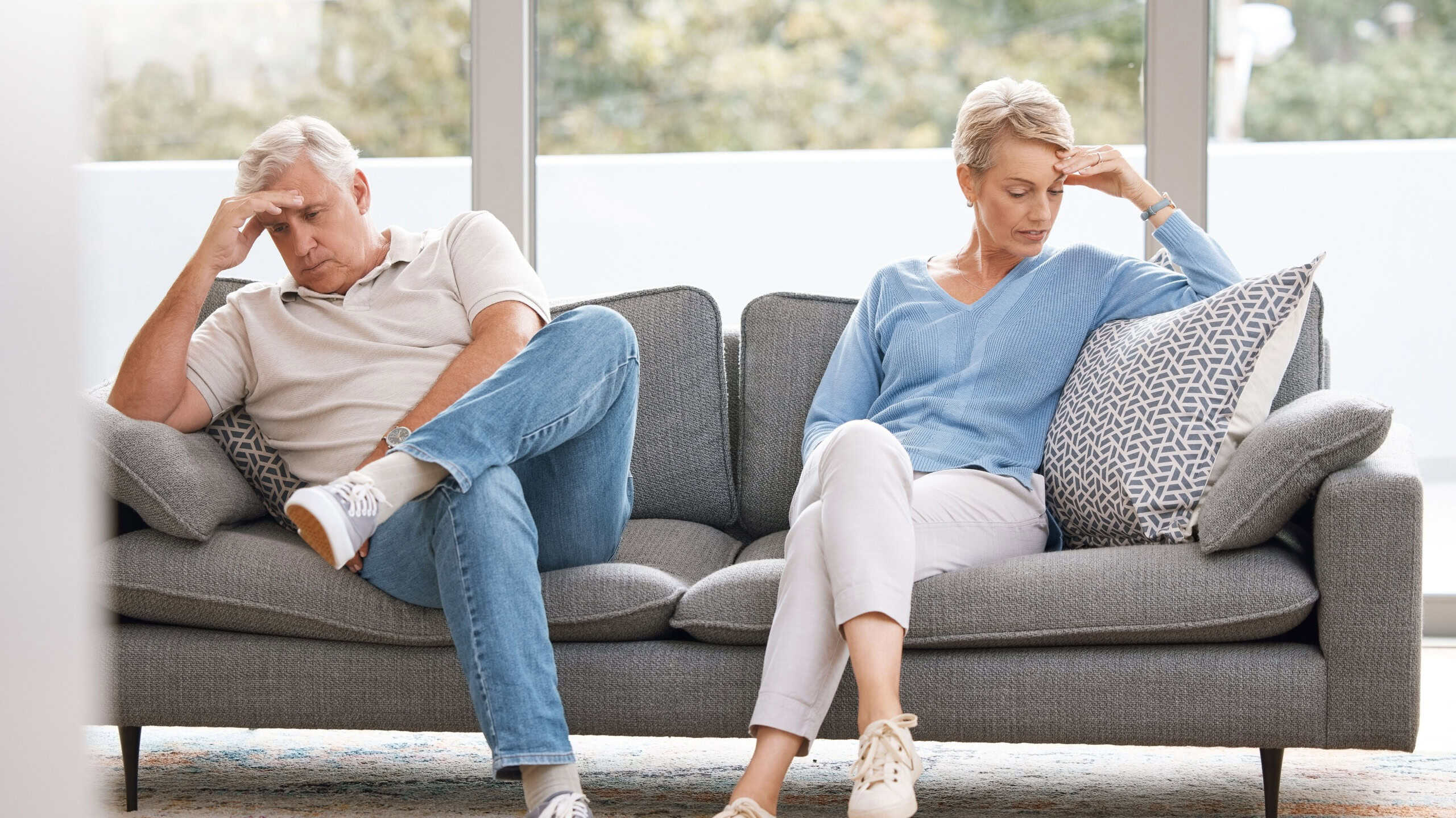Retirement couple, ignore and fight for divorce with marriage cheating revelation shock. Sad elderly people in relationship conflict break up with secret confession, stress and trust issue in home