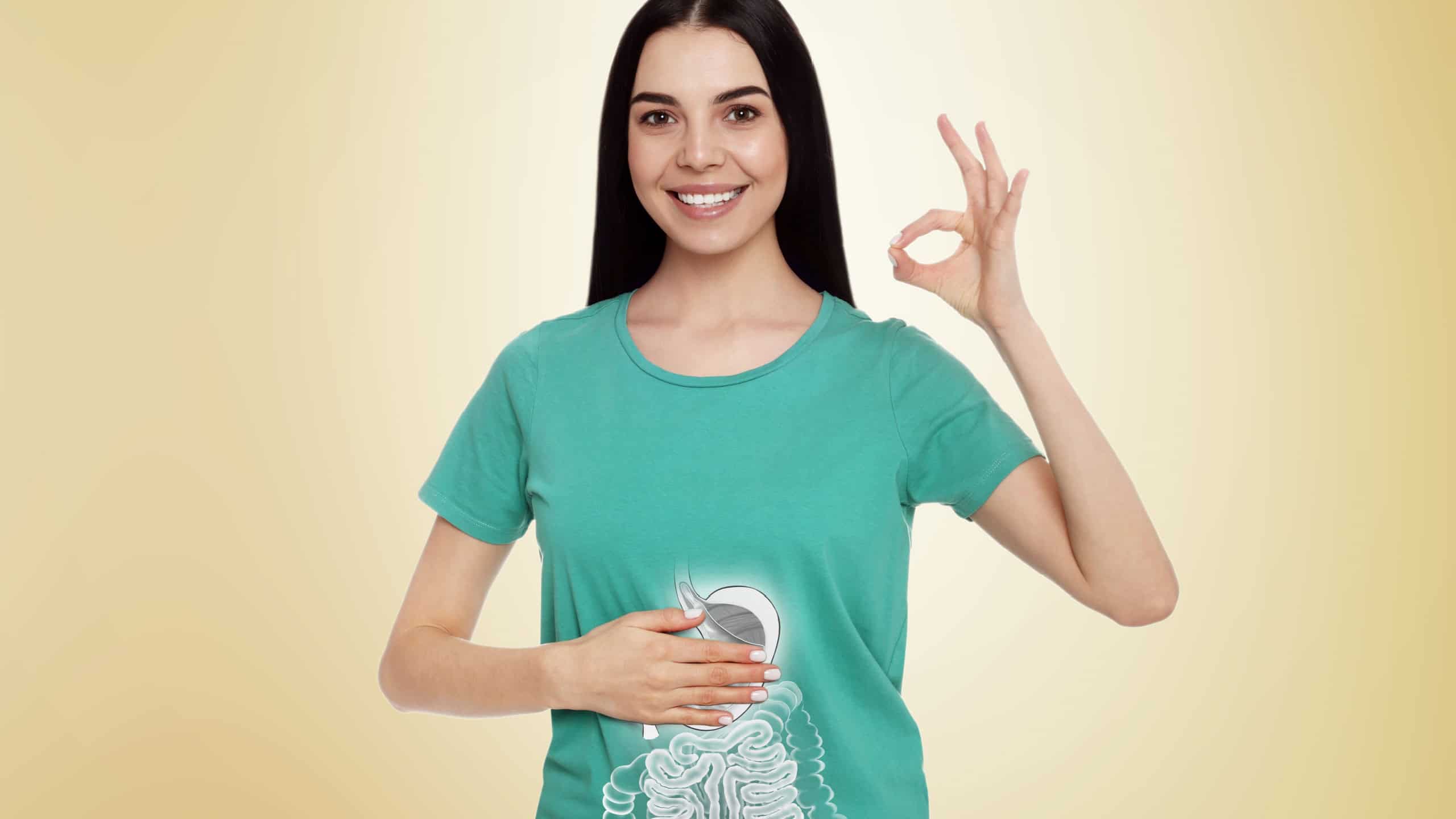 Happy woman with healthy digestive system on light yellow background. Illustration of gastrointestinal tract