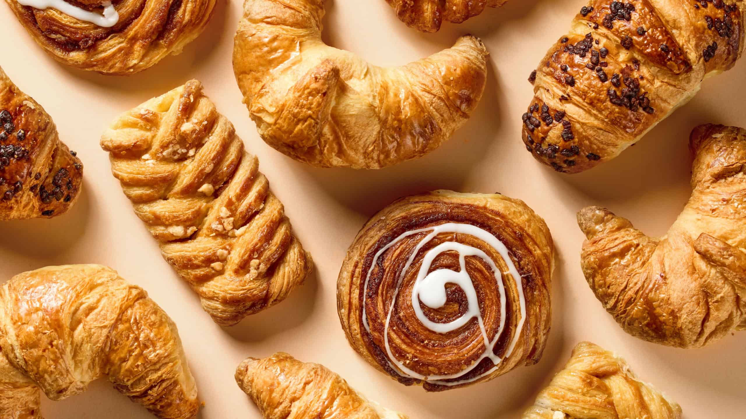 Assorted freshly baked pastries, top view