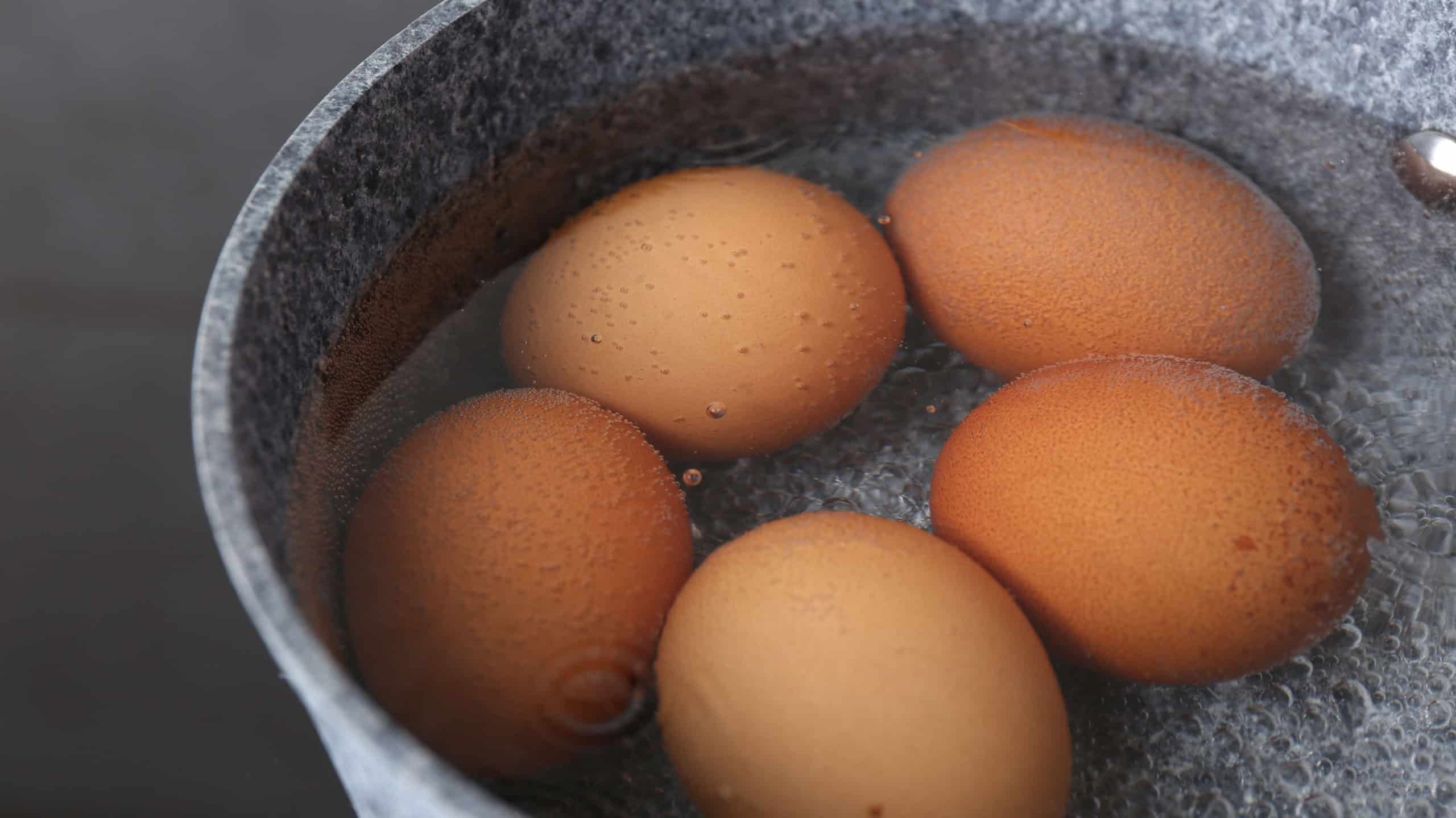 Chicken eggs boiling in saucepan on electric stove