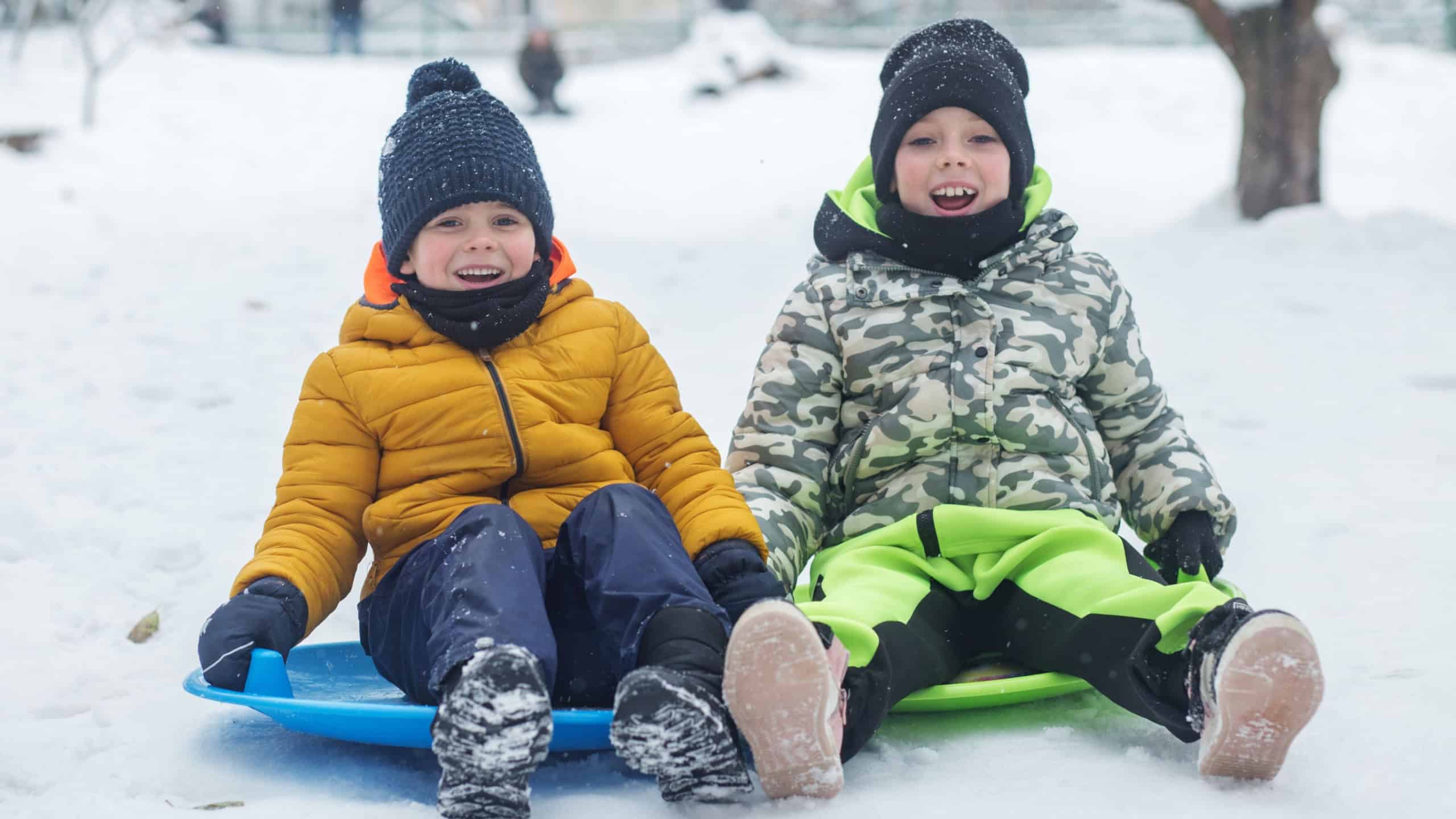 Children ride on snow plate and having fun. Outdoor play. Cold temperature. Winter time.