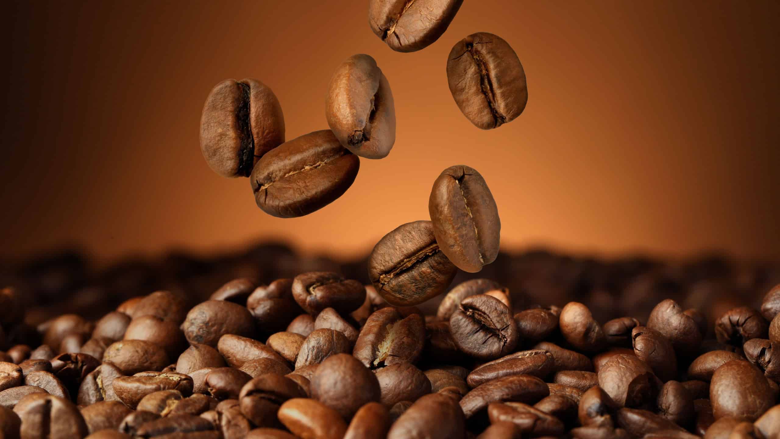 Roasted coffee beans falling on heap against brown background, closeup