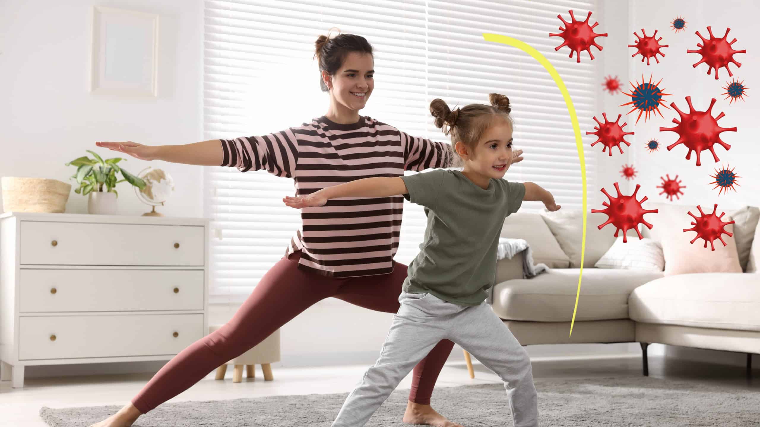 Mother and her daughter practicing yoga together at home. Strong immunity - shield against viruses