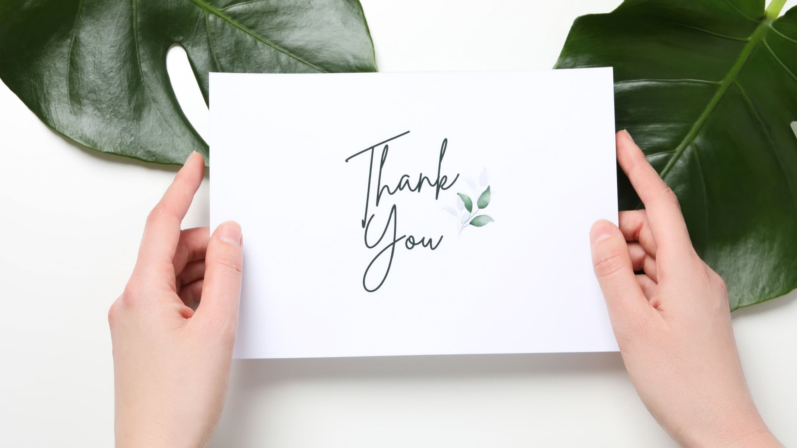 Inscription thank you on paper in hands with big green leaves on white background