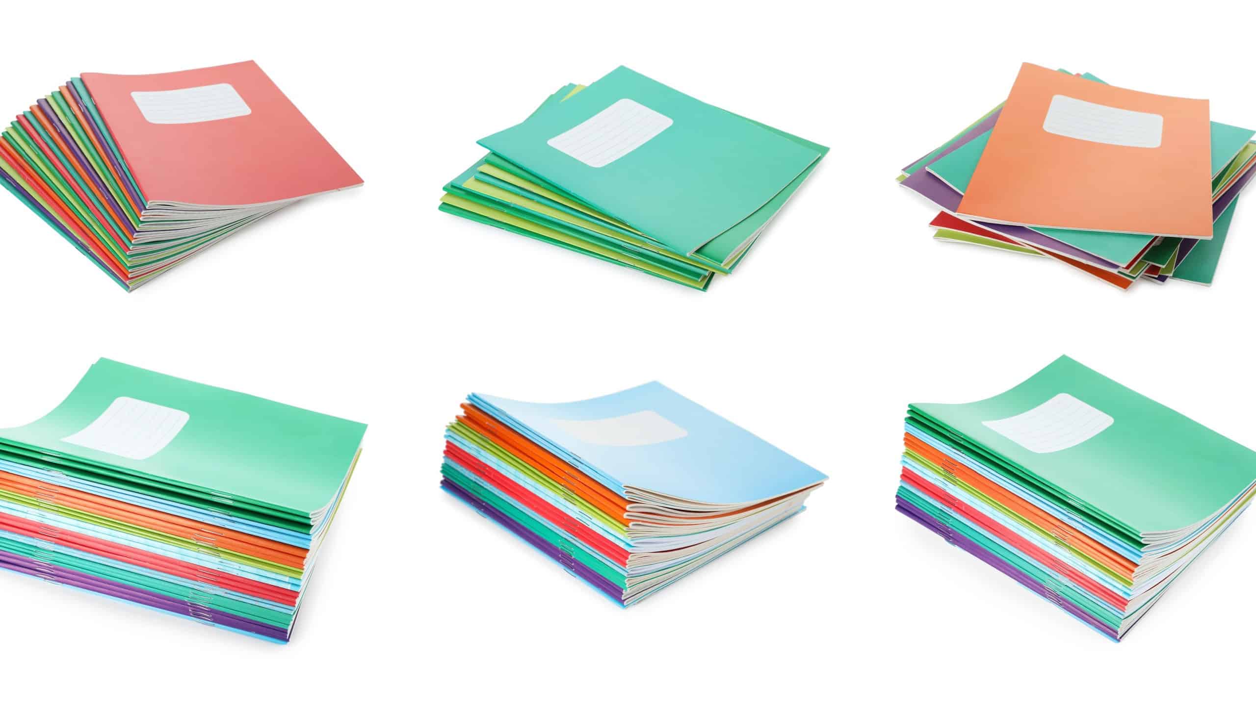 Many different notebooks on white background, set.