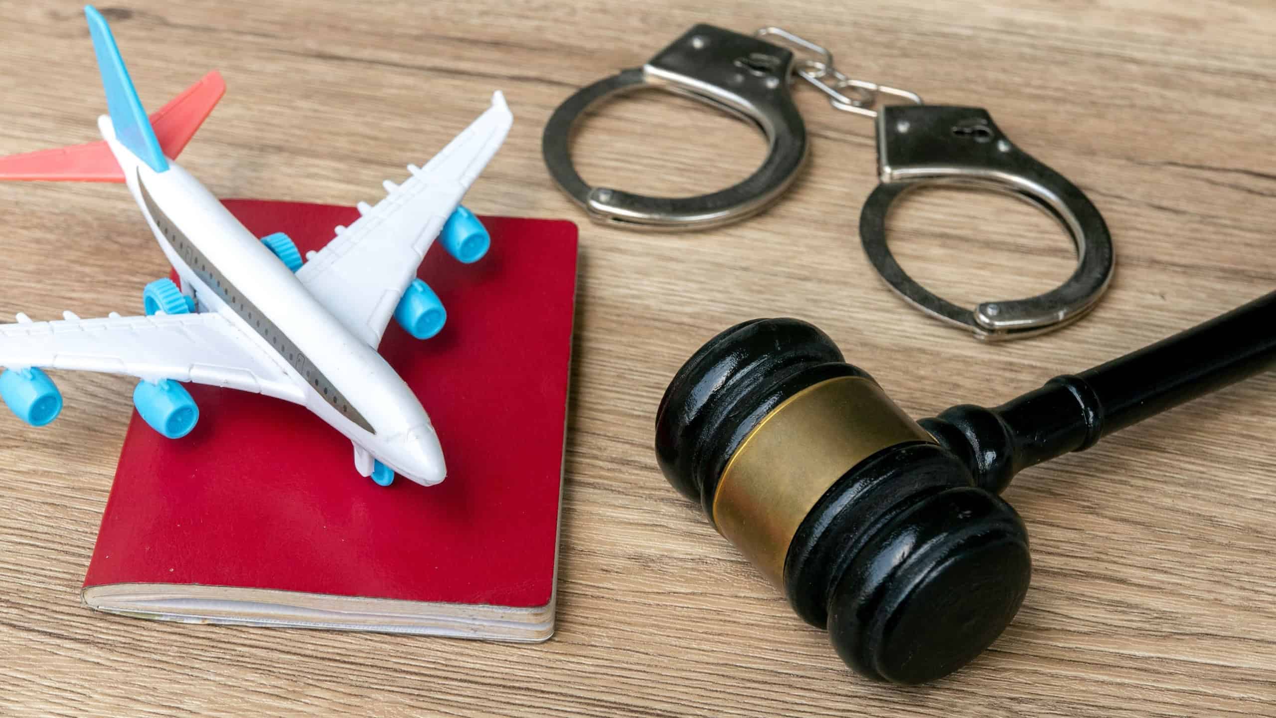 Travel Restrictions and Legal Consequences: Passport, Airplane, Handcuffs, and Gavel on Wooden Table