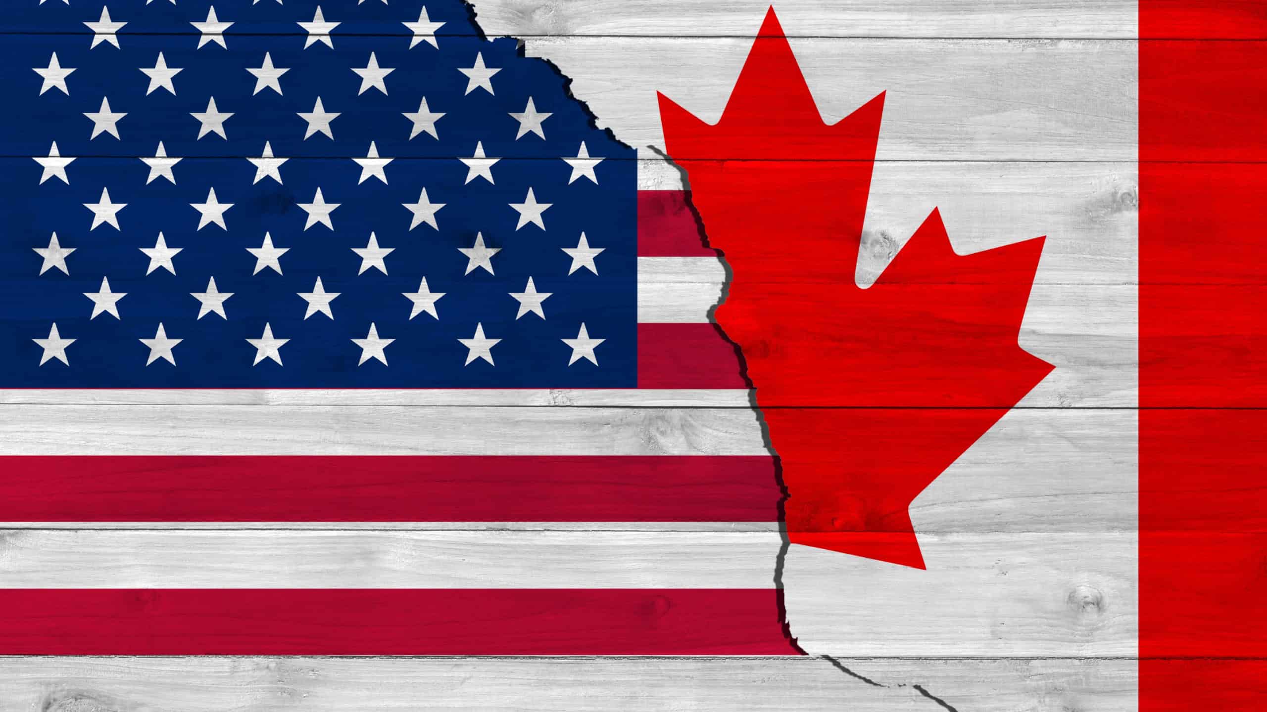 Canada vs USA (United States of America) national flags icon isolated on broken cracked wall background,